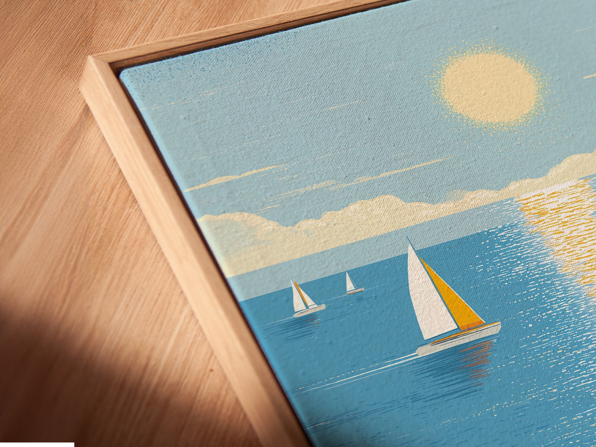 Close-up of a canvas print in a floating frame. This beach scene artwork is ready to hang. The coastal wall art adds sophistication. Perfect for creating a relaxing coastal home decor theme.