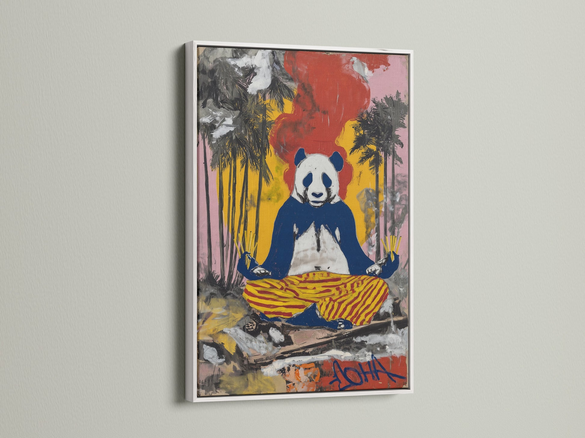 Zen Panda Canvas Print with a white frame. This unique artwork is great for yoga studio decor. The colorful wall art brings a zen vibe to any room. Perfect for mindful spaces and animal art lovers.