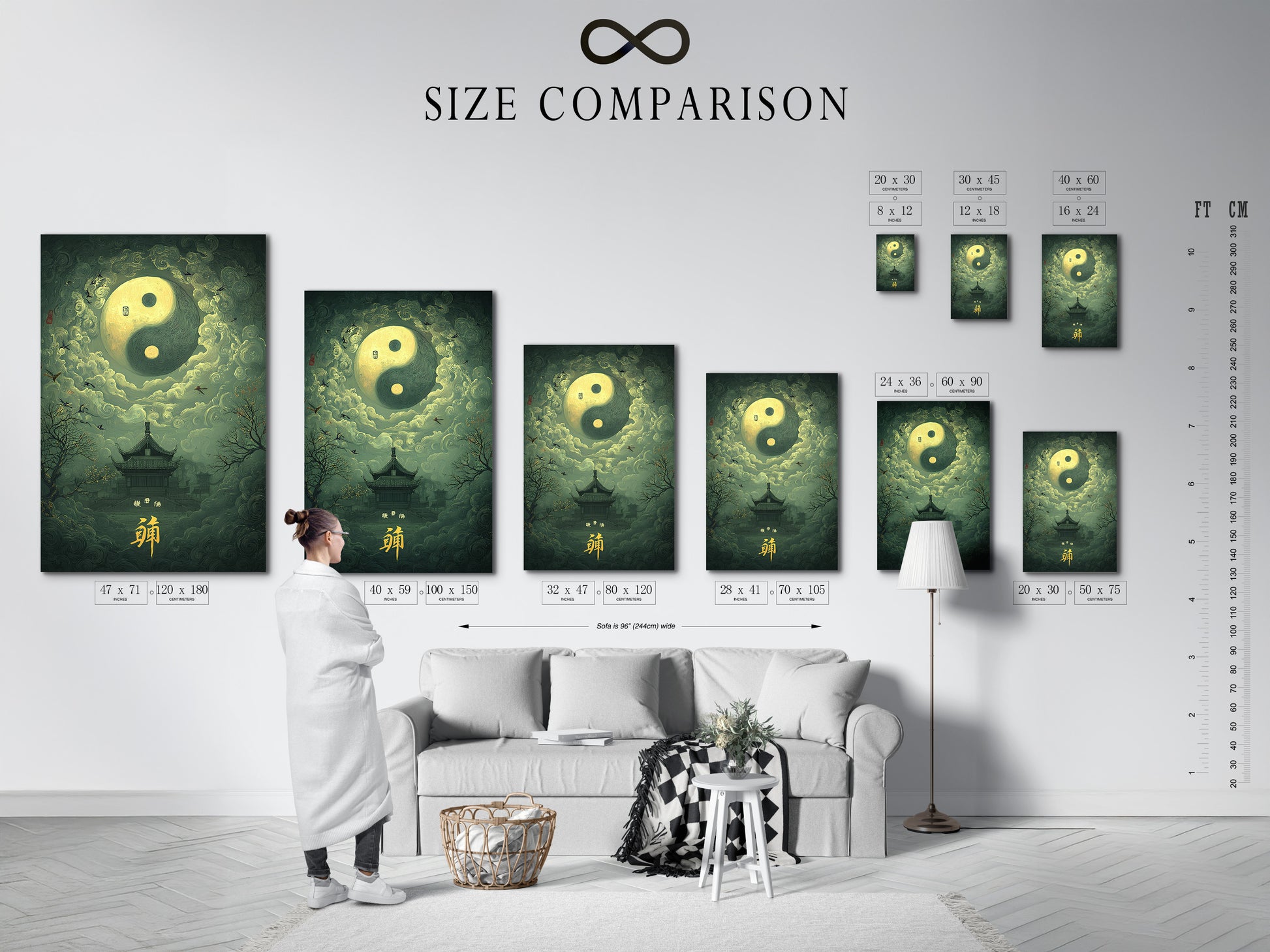 Size comparison chart is displayed in an interior setting. This chart helps visualize artwork dimensions. Perfect for planning your wall decor. Find the ideal size to fit your space. Ensure a perfect fit with our comparison chart. Plan your art arrangement with ease.