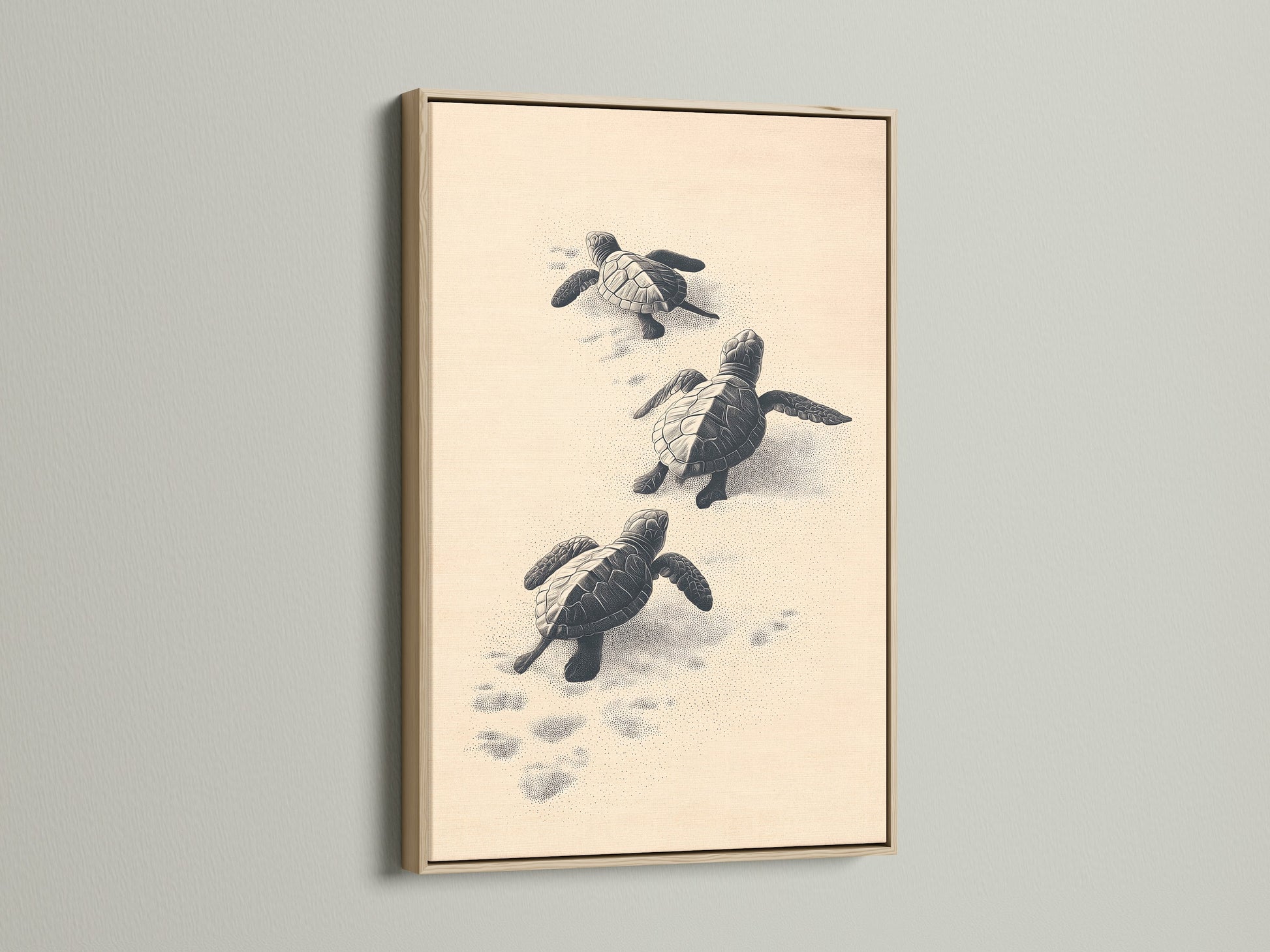 This coastal wall art features baby turtles. It is showcased in an oak frame. The artwork adds a touch of the ocean to any space. It is perfect for a beach-themed nursery or bathroom.