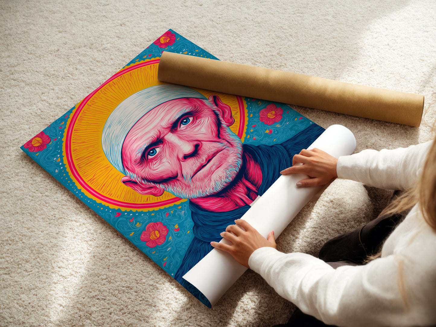 A woman carefully rolls a fine art poster paper featuring a priest portrait. This highlights the delicate handling required for high-quality prints. Showcasing the care taken in producing religious art. The fine art poster paper ensures vibrant color. Perfect for creating stunning church decor.
