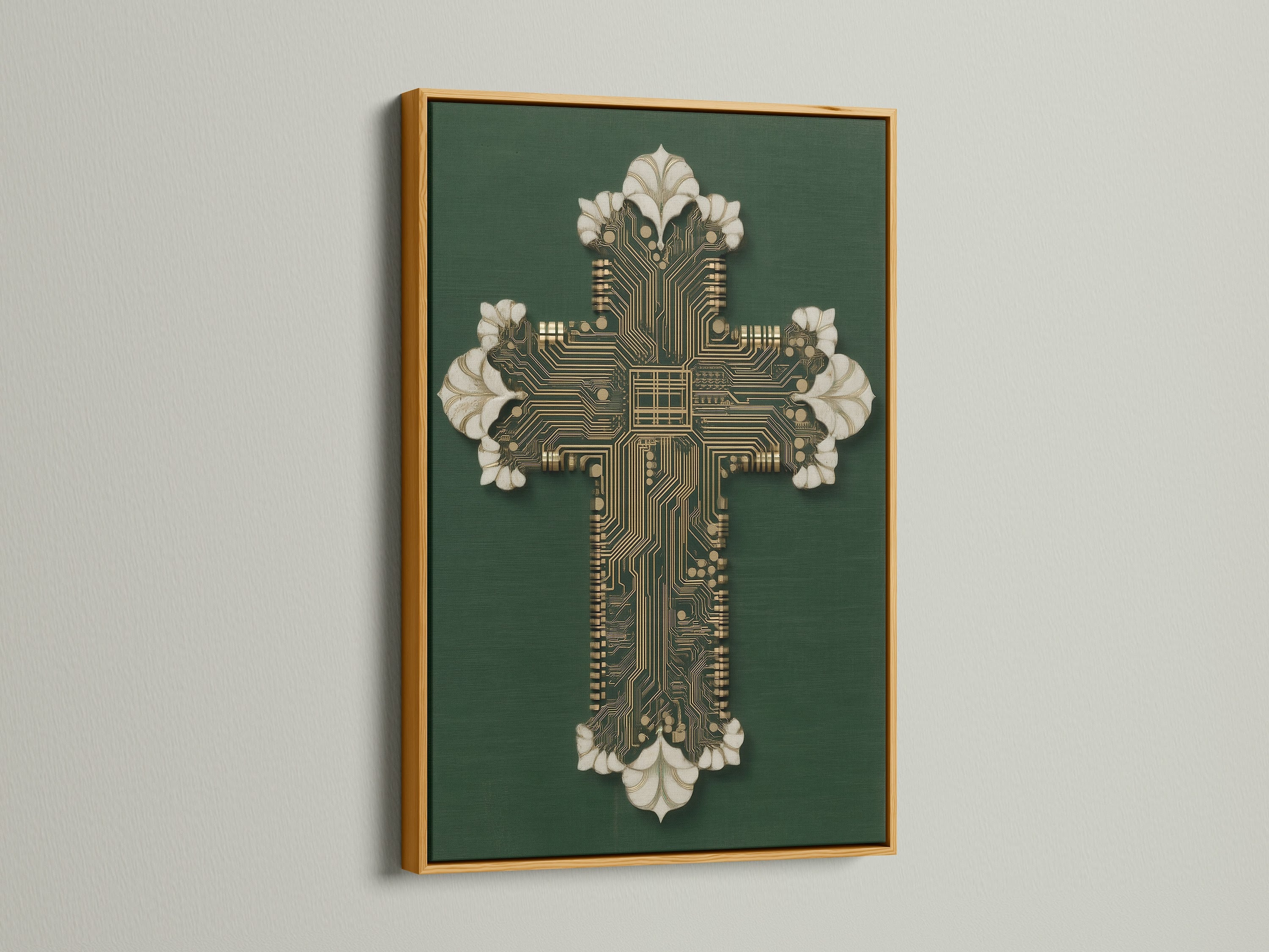 Admire the Circuit Board Cross Art in a gold frame. This elegant choice adds a touch of luxury. The cross canvas print is perfect for any space. This modern faith art piece shines with spiritual tech elements.