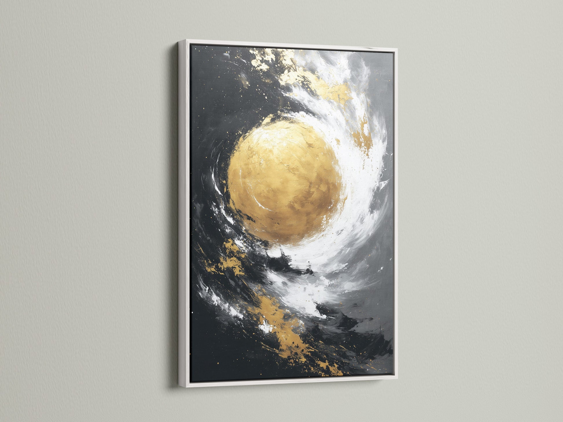 A white frame art piece adds brightness to the wall. The white frame offers a clean and modern aesthetic. This frame makes the artwork pop. It is a stylish choice for art lovers.