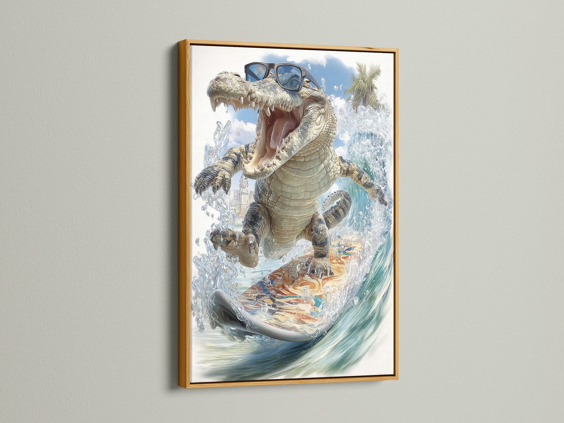 Gold frame surrounds the cool alligator wall art. It's a tropical surf canvas print that is funny animal art. It makes a great addition to beach house decor and a playful element for a kids room creating a unique space.