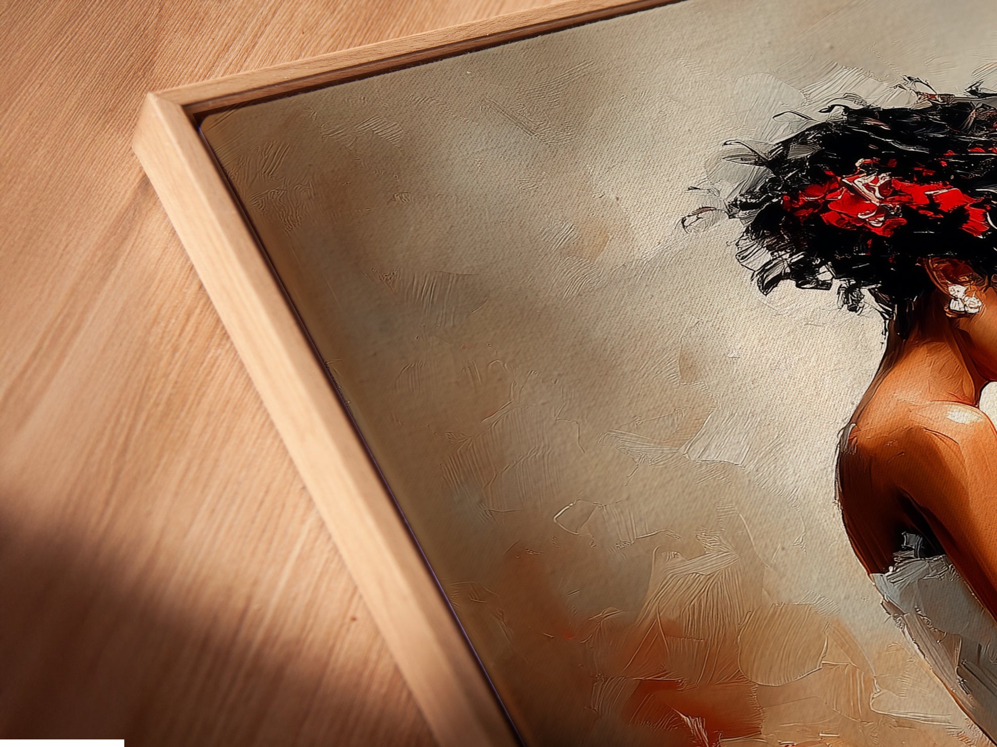 Angled close-up of a canvas print in a floating frame. The floating frame gives the artwork a modern look. It enhances the artwork's depth and dimension. Perfect for showcasing artwork in a unique way. The canvas print adds texture and detail to the piece. It is a contemporary and stylish choice.