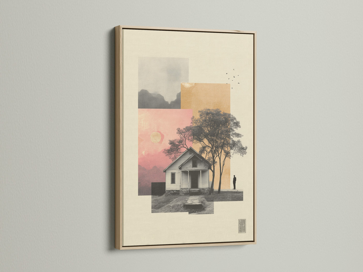 Artwork framed in oak hangs elegantly. The oak frame complements the artwork. It brings warmth to the wall. The frame enhances the art piece. It adds a touch of nature to any space. Viewers appreciate the natural wood grain.