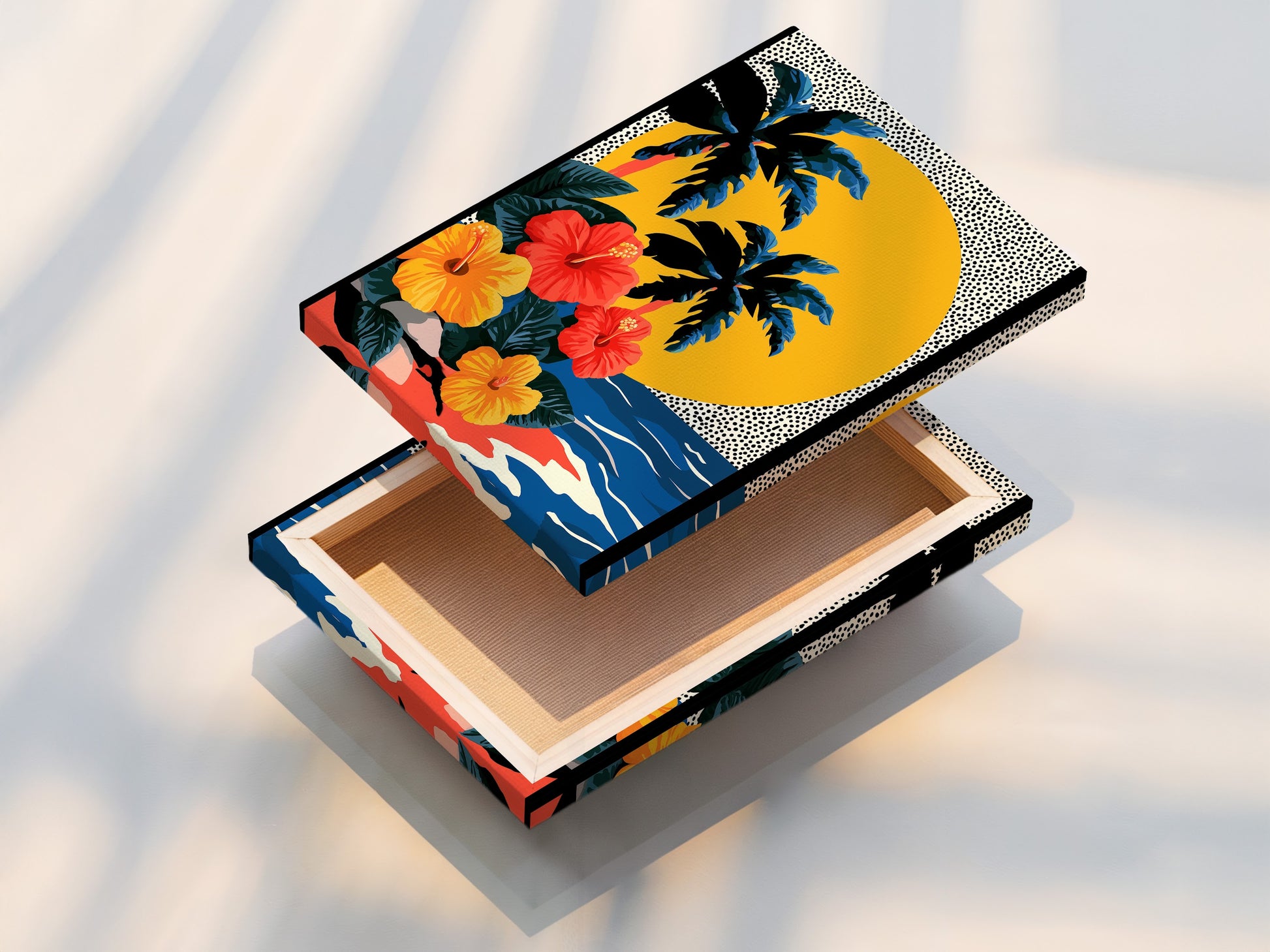 This is a stretched canvas print. The canvas is stretched tightly over a wooden frame. The print features a tropical scene with palm trees hibiscus flowers and a sun against a dotted background. The canvas print is ready to hang. It is a great option for adding art to any room.