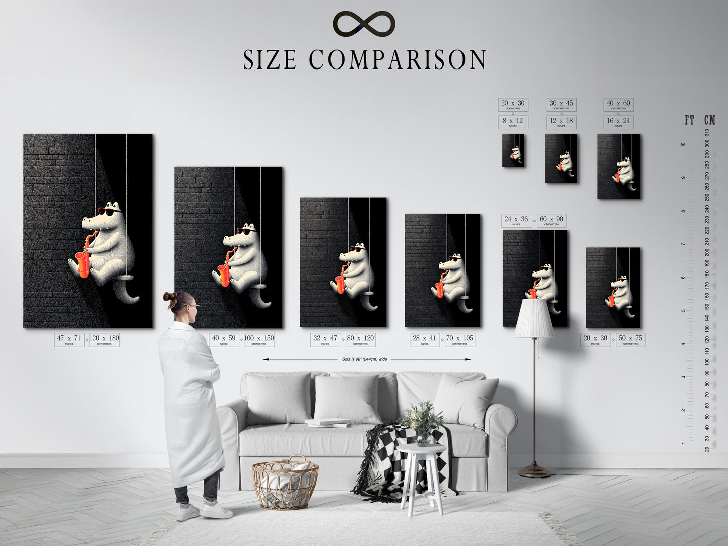 An interior setting shows a size comparison chart. This chart helps you visualize how artwork will look in your space. Get a clear idea of dimensions and scale. Choose the perfect art size for your walls today.