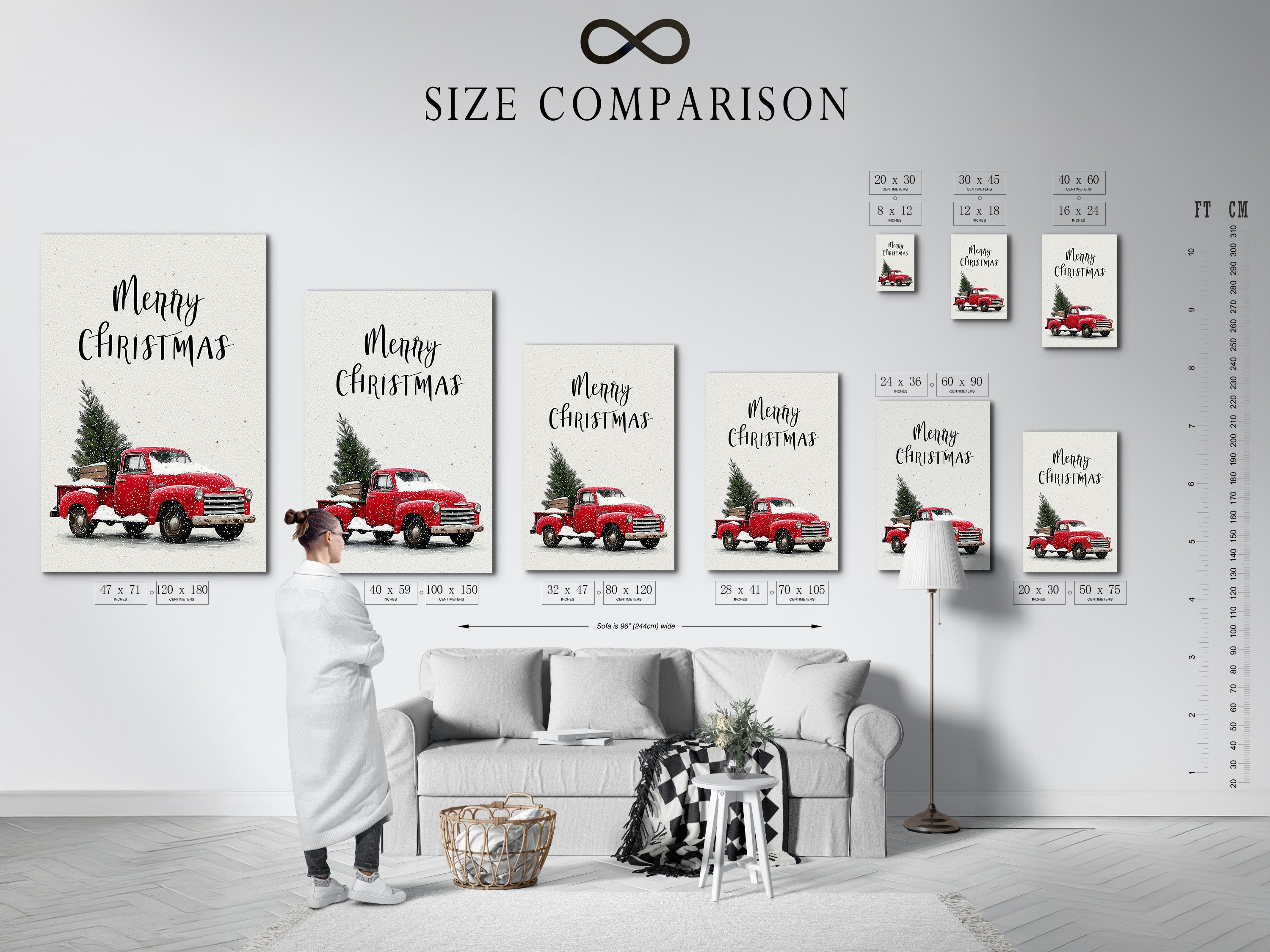This is a size comparison chart in an interior setting. The chart helps visualize artwork dimensions. It allows you to choose the perfect size for your space. See how different sizes transform a room. It makes informed art buying easier.