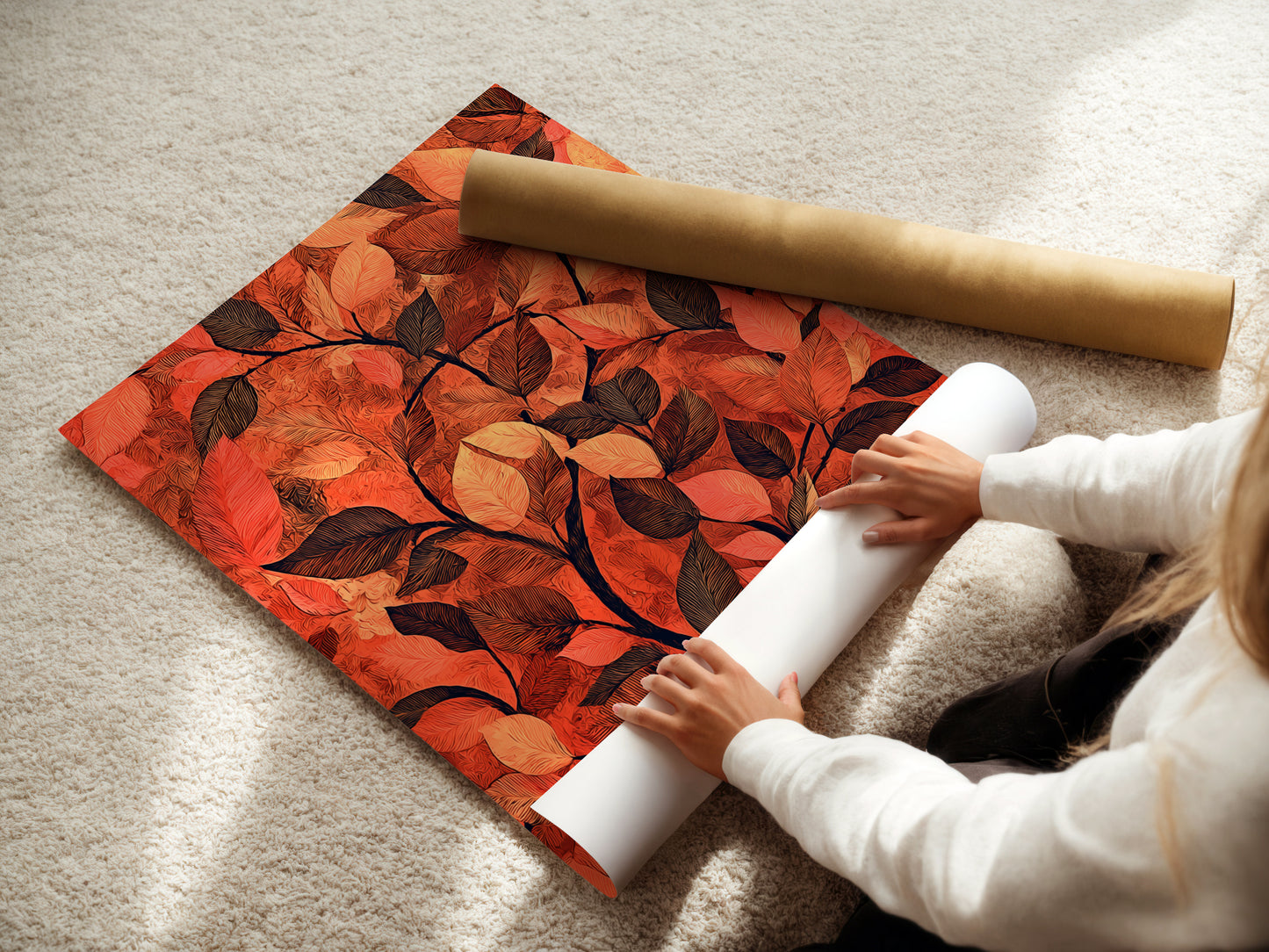 A woman is carefully rolling a fine art poster paper. The botanical leaf artwork is prepared for framing. The terracotta wall art is ready to be displayed. The autumn leaves art will soon adorn a study room. The fine art poster paper ensures a high-quality print. Perfect for foliage prints.