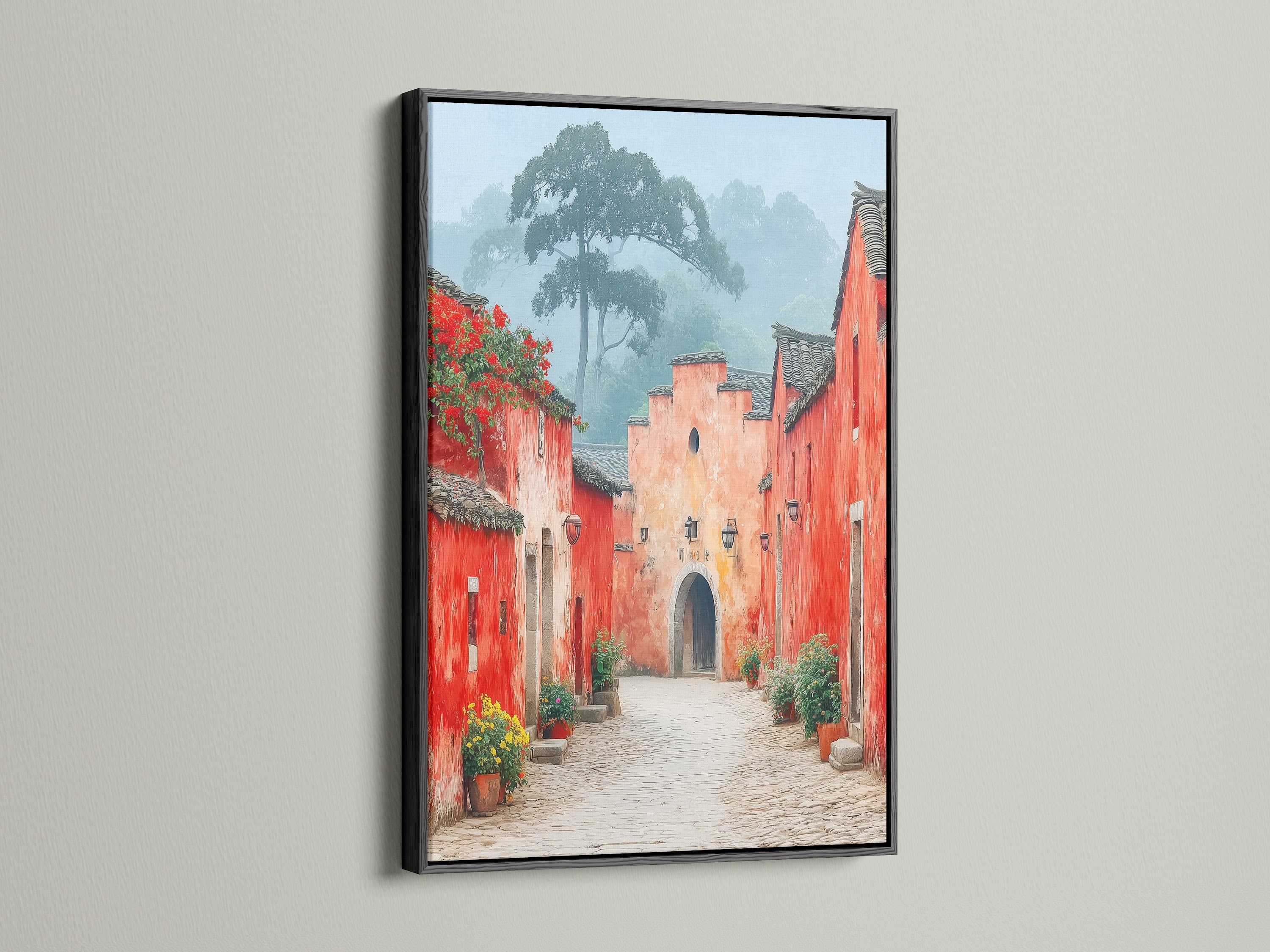 Village Street art in a black frame.  The black frame adds a modern touch to this vintage street scene. The artwork is perfect for creating a focal point in your cafe or studio.  This piece brings character to any room.