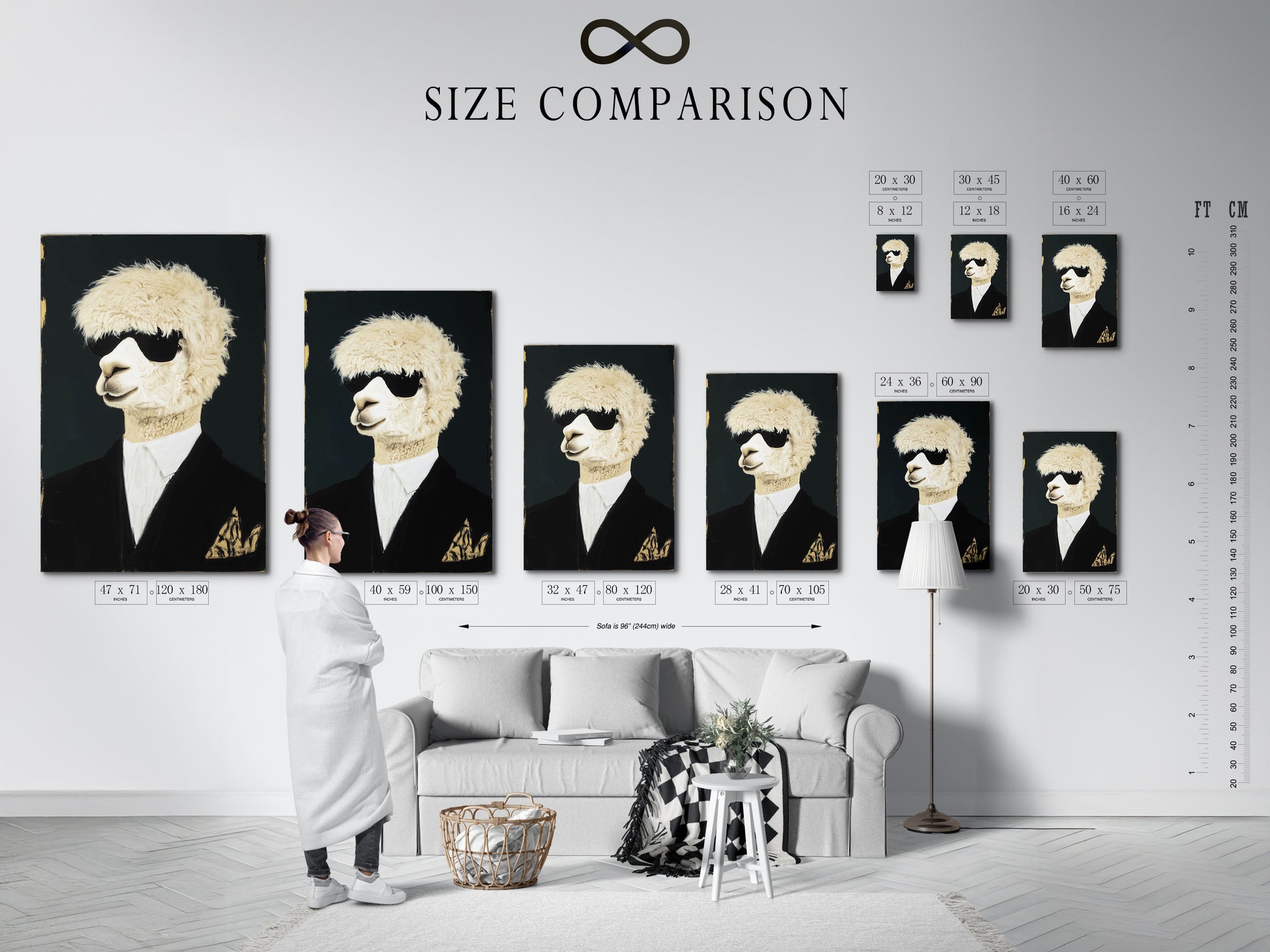 A size comparison chart is displayed in an interior setting. Showing various sizes of the Cool Llama Art Print. Visualize the perfect fit for your space with this quirky animal art. Available in multiple sizes.