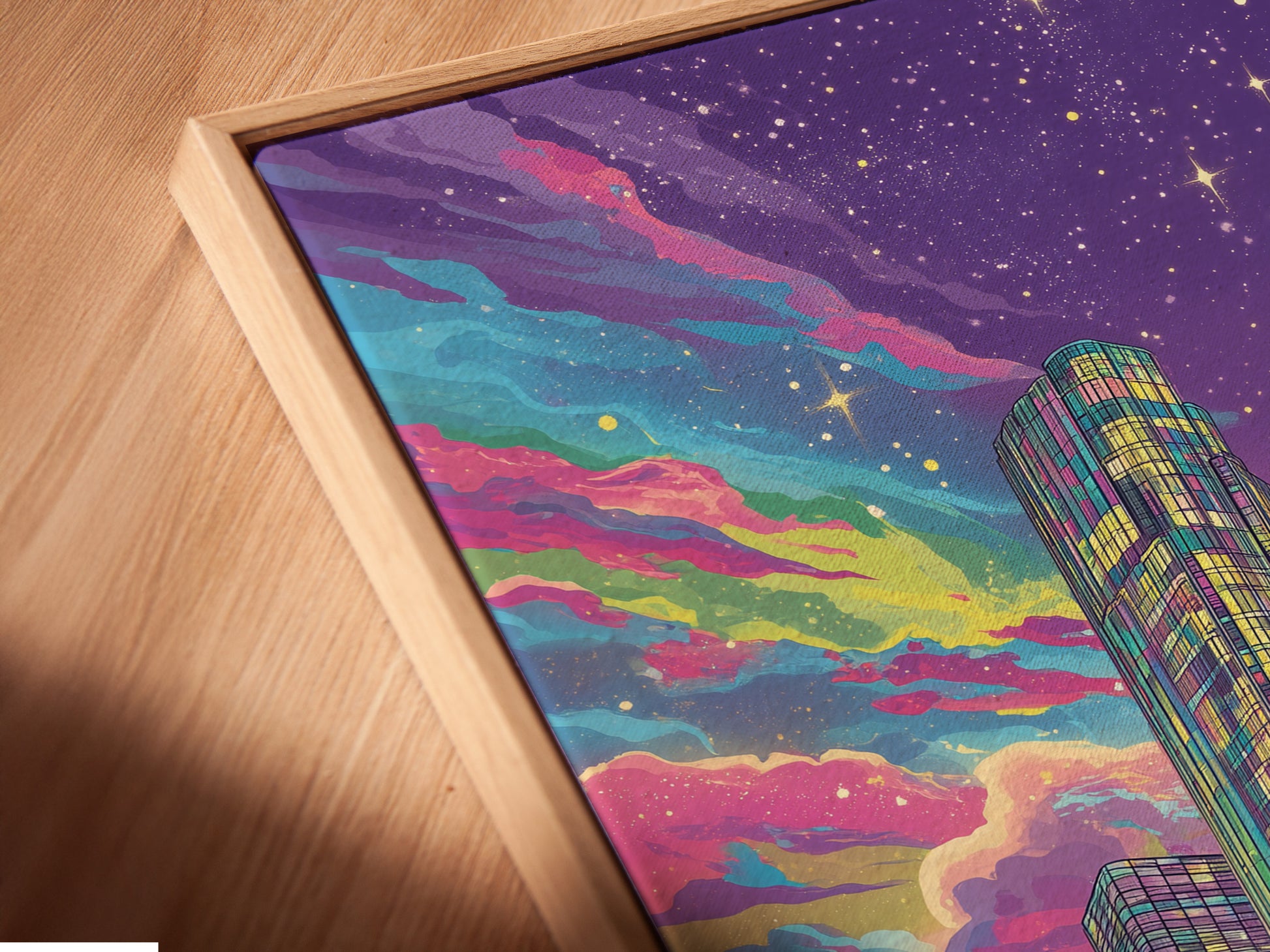 Close-up of a canvas print in a floating frame. The synthwave cityscape features a neon purple skyline. This retro futuristic artwork adds a modern touch. Ideal for contemporary wall decor. Perfect for any room.