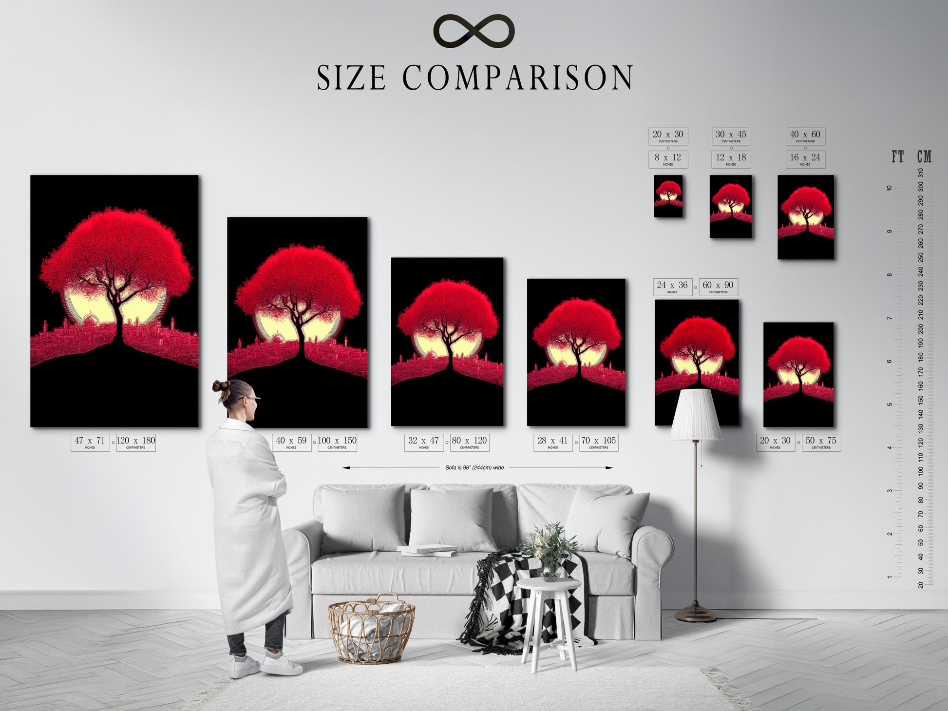 A size comparison chart in an interior setting displays the Crimson Tree artwork. The red cityscape wall art is a modern silhouette. Visualize the perfect size for your space. This chart helps you choose the right modern art for your home or office.