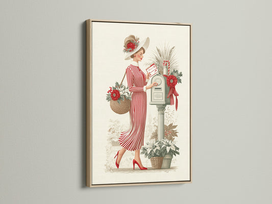A vintage lady art print in an oak frame adds a touch of elegance. The artwork features a woman in a red striped dress. Perfect for those seeking classic and stylish wall decor. Enhance your living room or bedroom with this timeless piece.