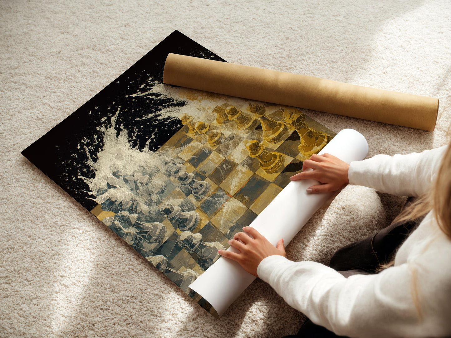 A woman is carefully rolling a fine art poster paper. This highlights the care and quality of our prints. Discover the options available for this chess game artwork. Choose the perfect medium for your space.