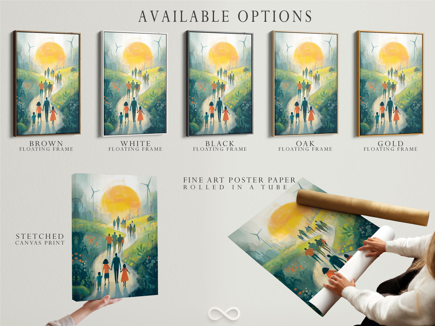 Sustainable Future Art Print - Family Walking Path Landscape, Green Energy Wind Turbines, Eco Friendly Wall Decor, Hope Artwork