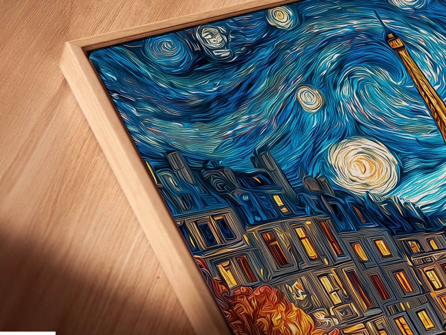A close-up angled shot of a canvas print in a floating frame. The art piece is a night scene with the Eiffel Tower in Paris. The artwork is reflecting on the water. Notice the detail in this high-quality print.