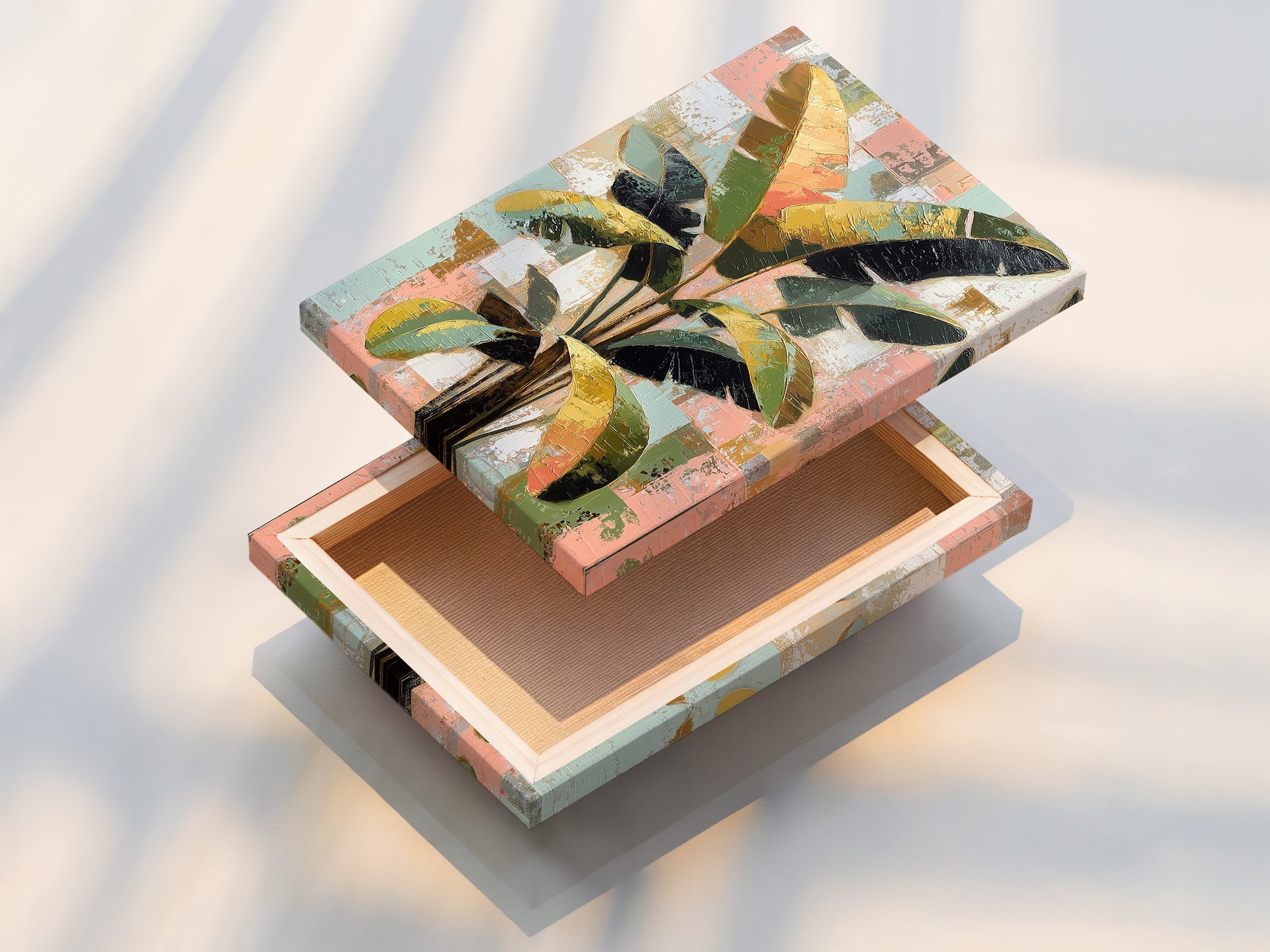 A stretched canvas print featuring tropical plant artwork. This botanical canvas print is ready to hang. The abstract palm leaf artwork adds a modern touch. Perfect for living rooms bedrooms and offices.