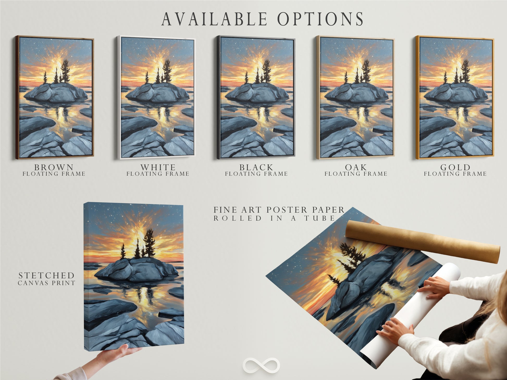 Available options for the coastal sunset artwork. Choose from stretched canvas prints fine art poster paper and floating frames. Perfect wall art for living rooms and bedrooms. Golden hour seascape photography