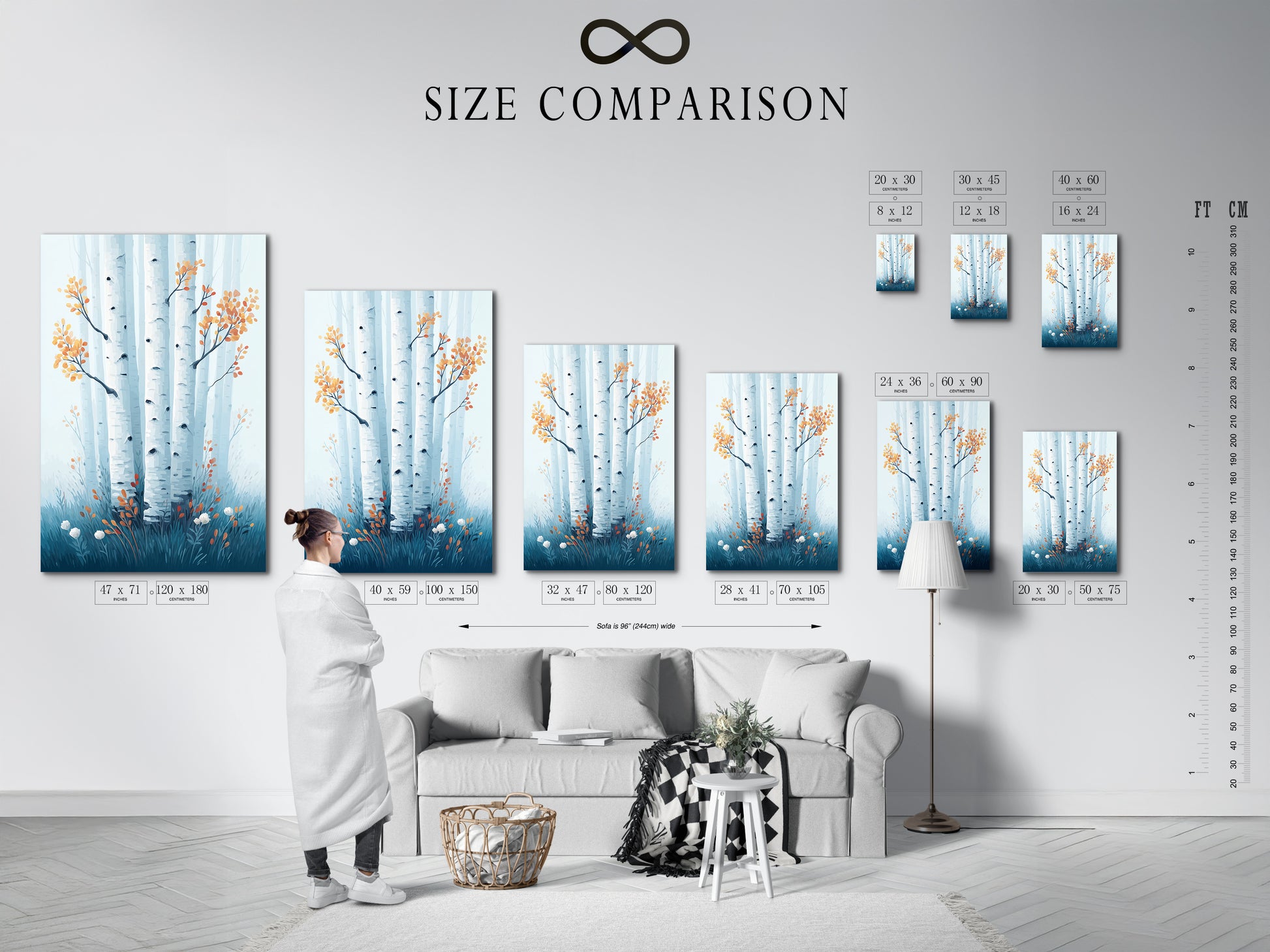 Size comparison chart in an interior setting. See how the birch tree canvas print looks in different sizes. Visualize the teal forest wall art in your space. Plan your Scandinavian style decor today.