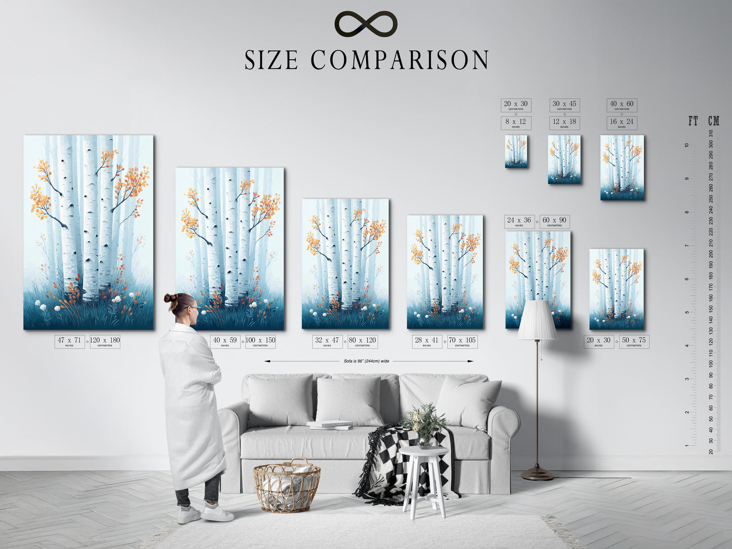 Size comparison chart in an interior setting. See how the birch tree canvas print looks in different sizes. Visualize the teal forest wall art in your space. Plan your Scandinavian style decor today.