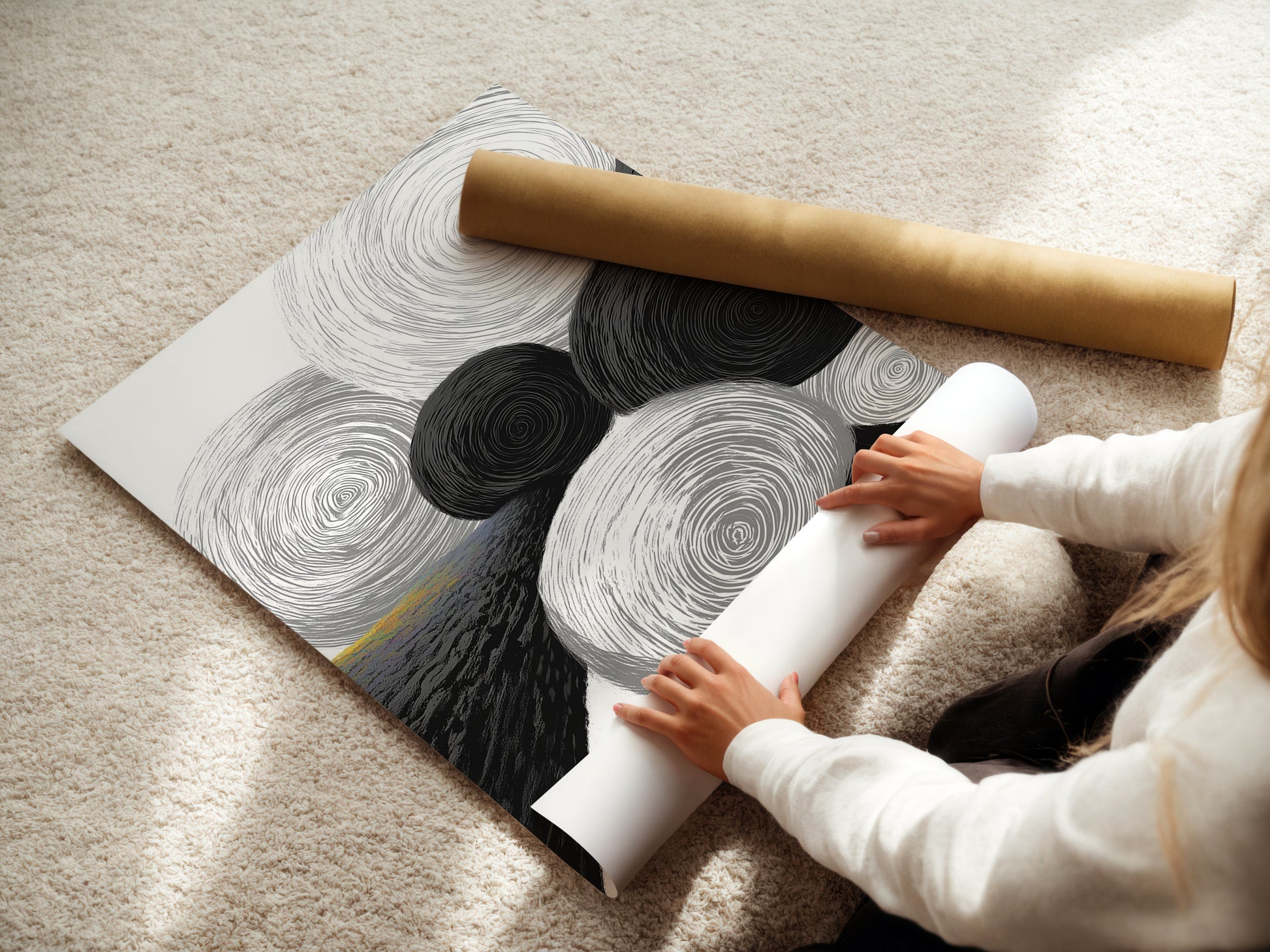 A woman is carefully rolling a fine art poster paper. The paper features an abstract geometric artwork with black and white circles. This highlights the care in preparing a high-quality art print. Ideal for wall art in modern and contemporary settings.