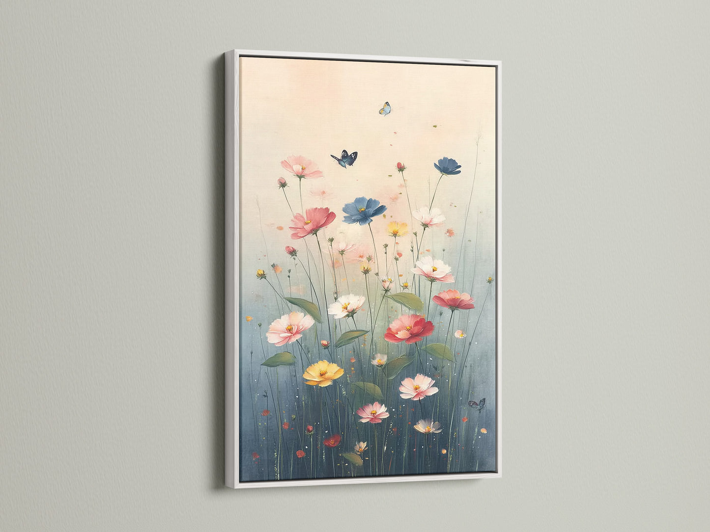Floral Meadow art in a white frame on a clean white wall. The print features a pastel botanical artwork of wildflowers. Butterflies dance among the blooms. It provides a serene and fresh atmosphere. Perfect for a minimalist or eclectic style. This meadow print enhances any room with its calming presence.