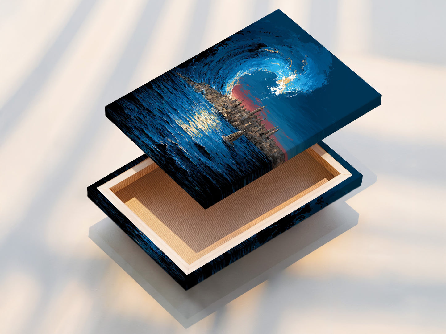 A stretched canvas print showcases a dramatic ocean wave artwork. The artwork includes the NYC skyline. This stretched canvas offers a ready-to-hang solution for your wall art needs. Perfect for adding a modern seascape to your living room or office.