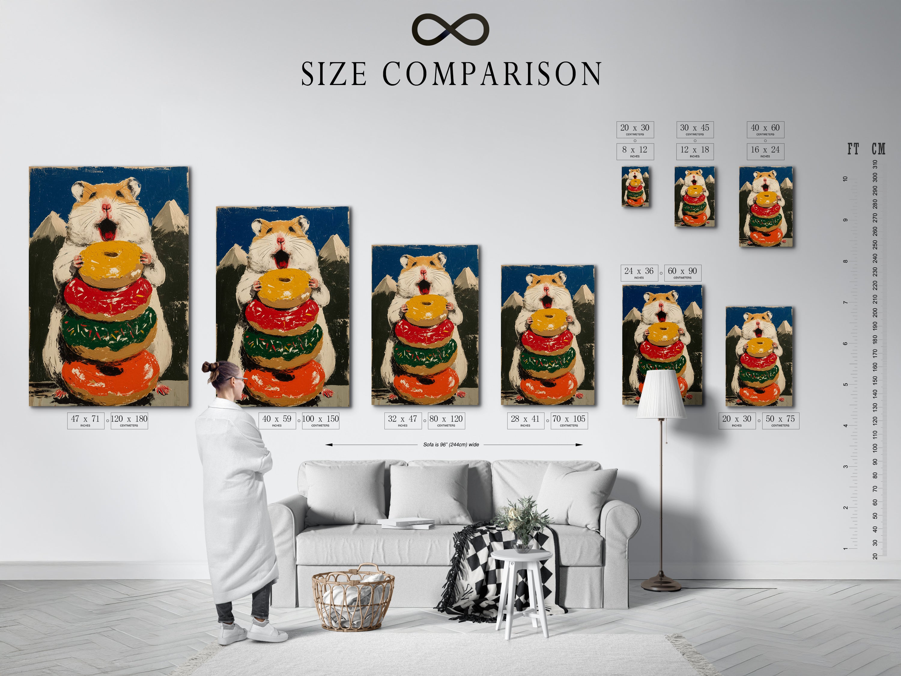The Hamster Donut artwork is displayed in an interior setting. A size comparison chart is shown. This art is perfect for a kitchen or bakery. The artwork features a cute hamster holding a stack of colorful donuts. This is a fun art.
