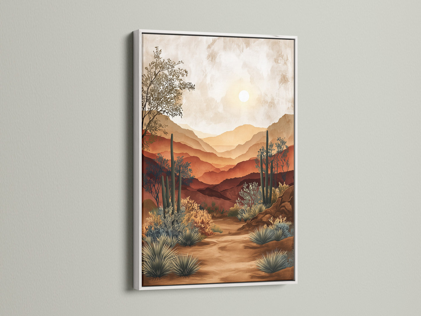 A vibrant desert artwork is displayed in a white frame. The art features a sun-soaked desert scene. Cacti and layered mountains create depth. The white frame offers a clean modern look. It allows the art's colors to pop. Perfect for any room.