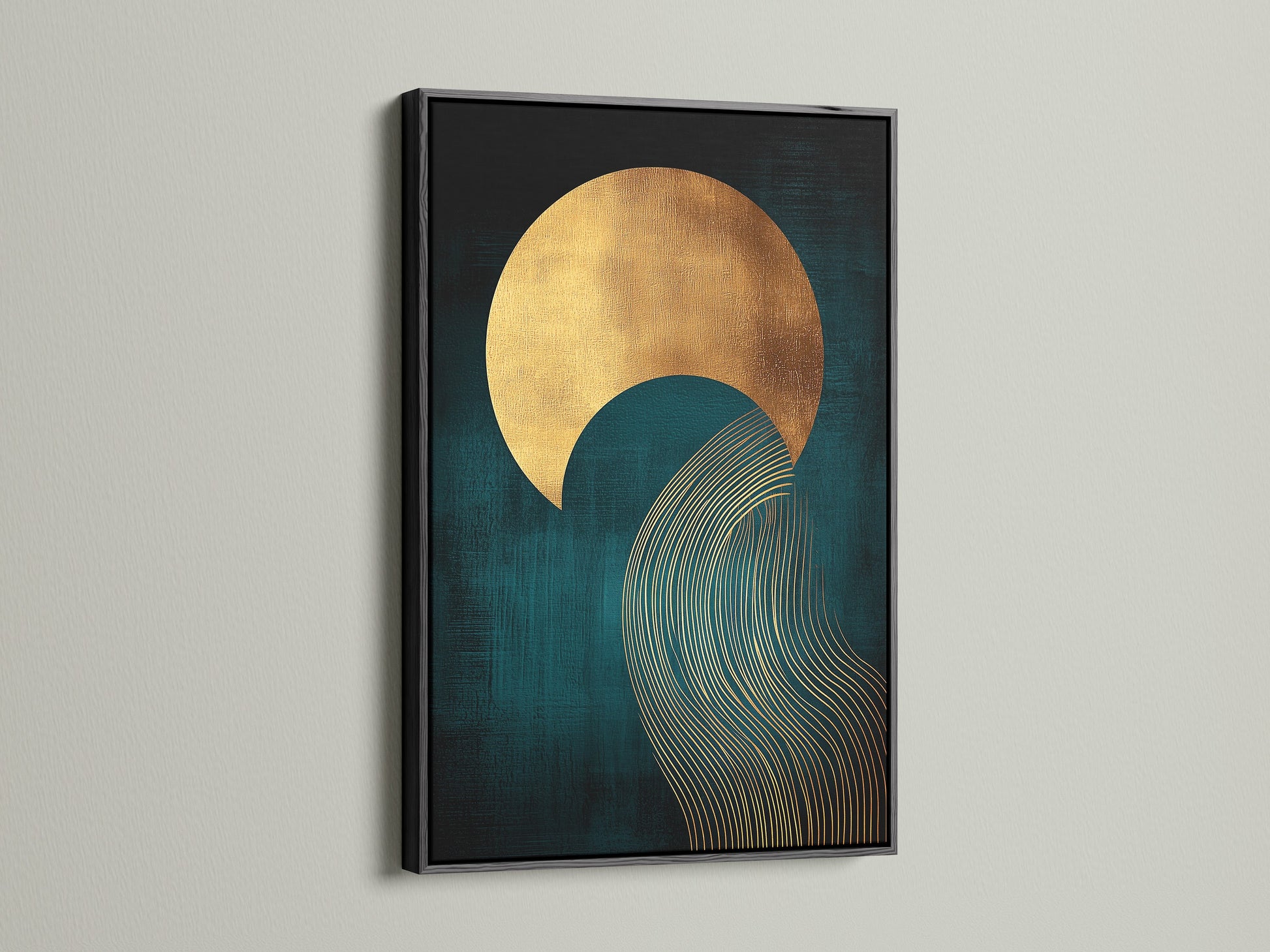 A teal and gold abstract sun wave artwork is displayed in a black frame. This striking contrast enhances the modern geometric art. It's a contemporary print great for bedroom wall decor. This art suits minimalist modern or eclectic spaces. This piece will elevate living rooms bedrooms and home offices.