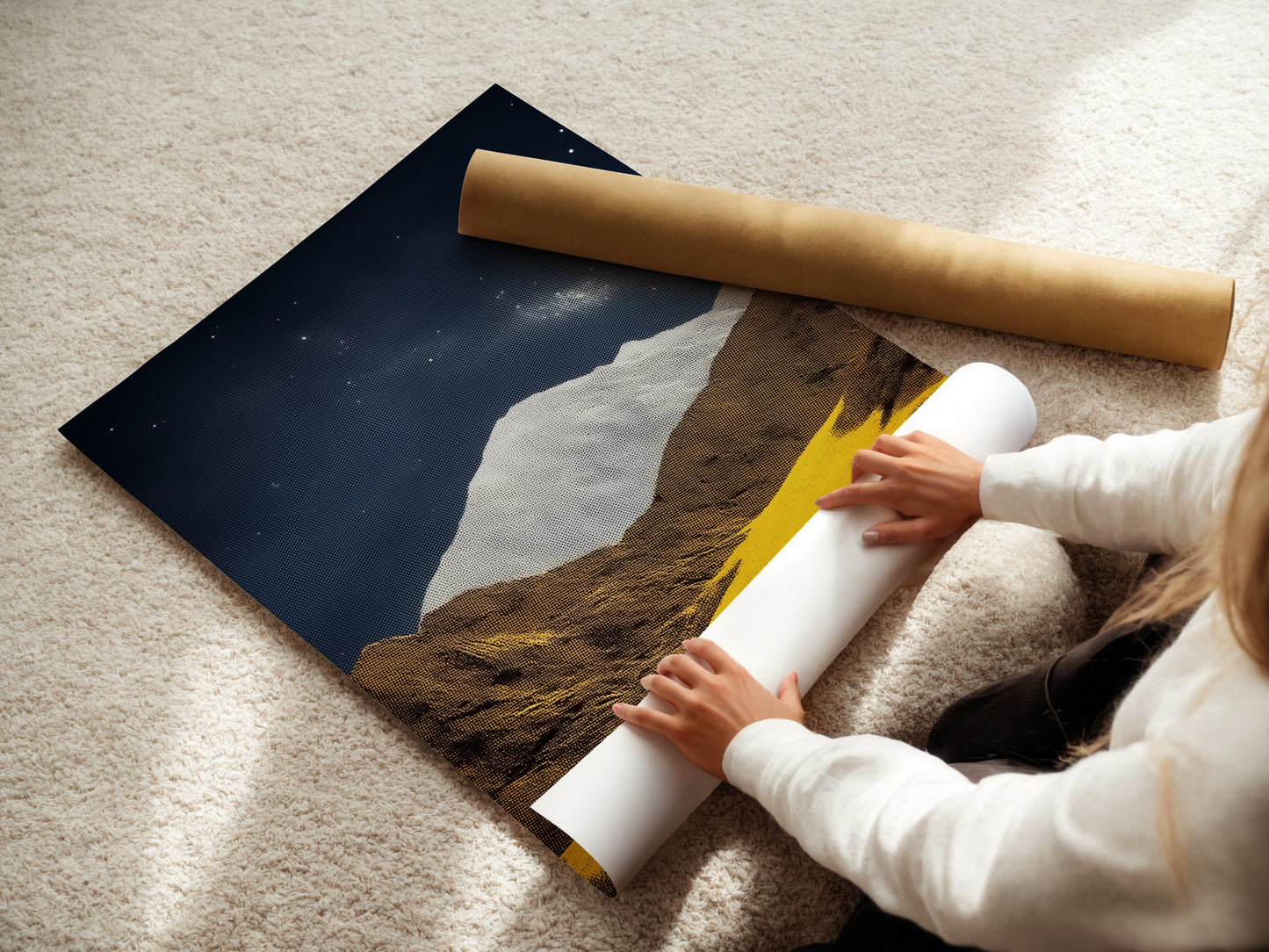 A woman is carefully rolling a fine art poster paper. The paper features the Mountain Galaxy artwork. This print is perfect for creating stunning wall art. The earth tones and celestial details make it ideal for study rooms. This poster adds a touch of modern elegance to any space.
