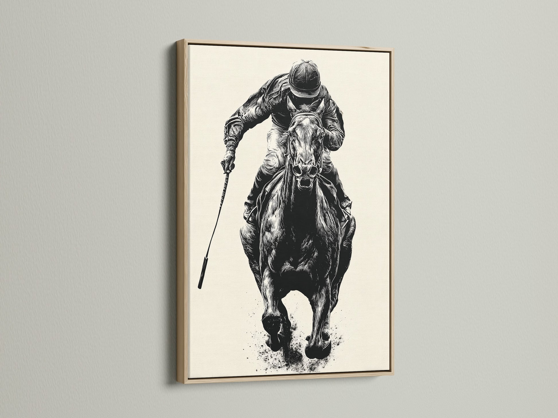 Artwork of a horse race in an oak frame. The oak frame provides a natural and warm aesthetic. View our selection of high-quality art prints. Enhance your living space with our framed art prints.