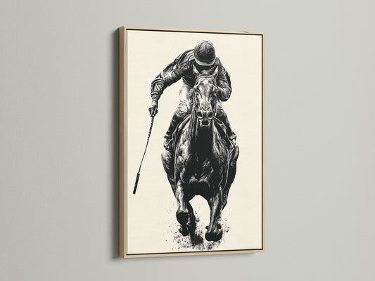 Artwork of a horse race in an oak frame. The oak frame provides a natural and warm aesthetic. View our selection of high-quality art prints. Enhance your living space with our framed art prints.