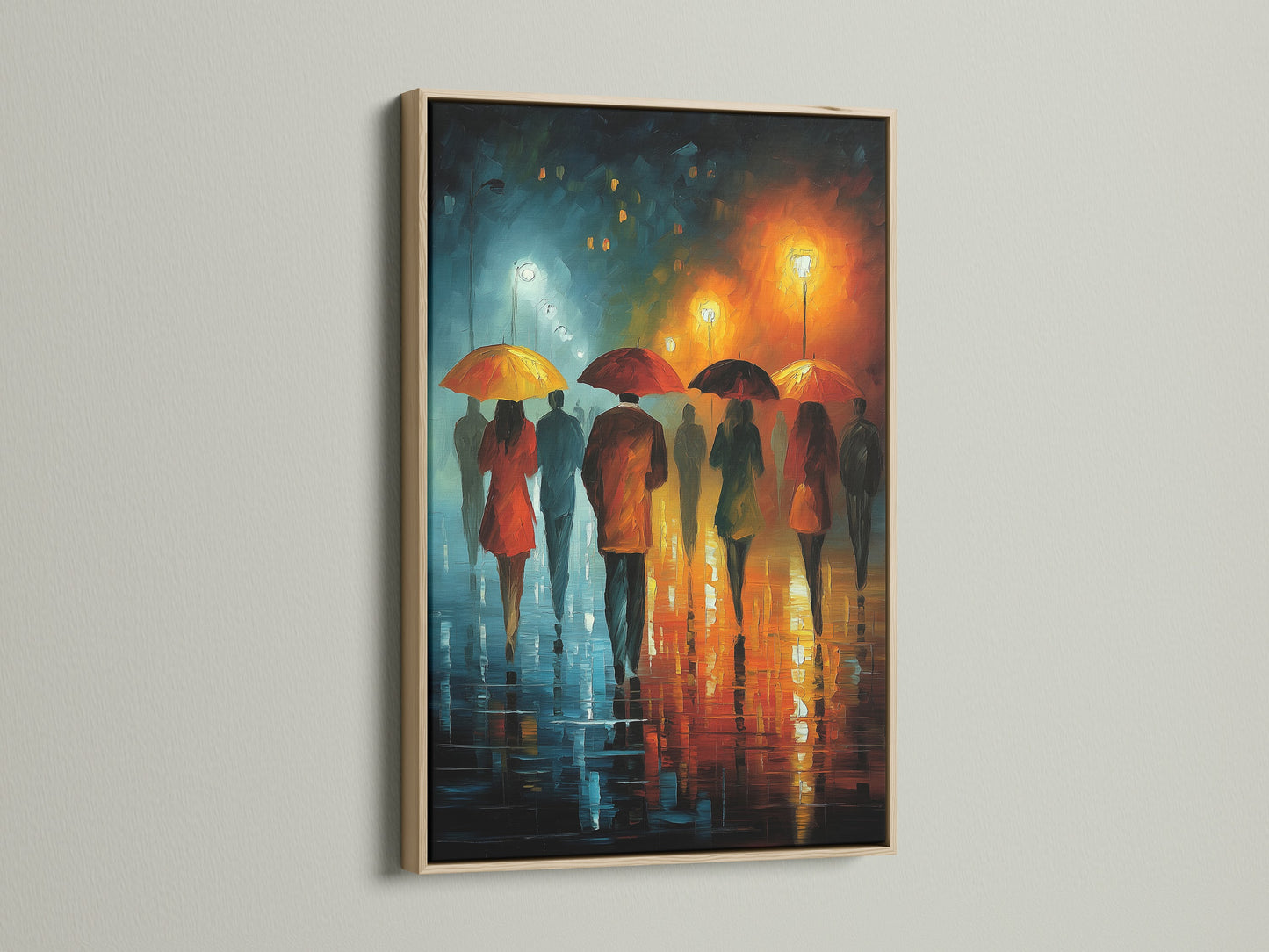 A framed canvas print featuring a rainy cityscape. The artwork shows figures with umbrellas reflected in the wet streets. The frame is made of oak. Perfect as impressionist art for your entryway or living room wall art.