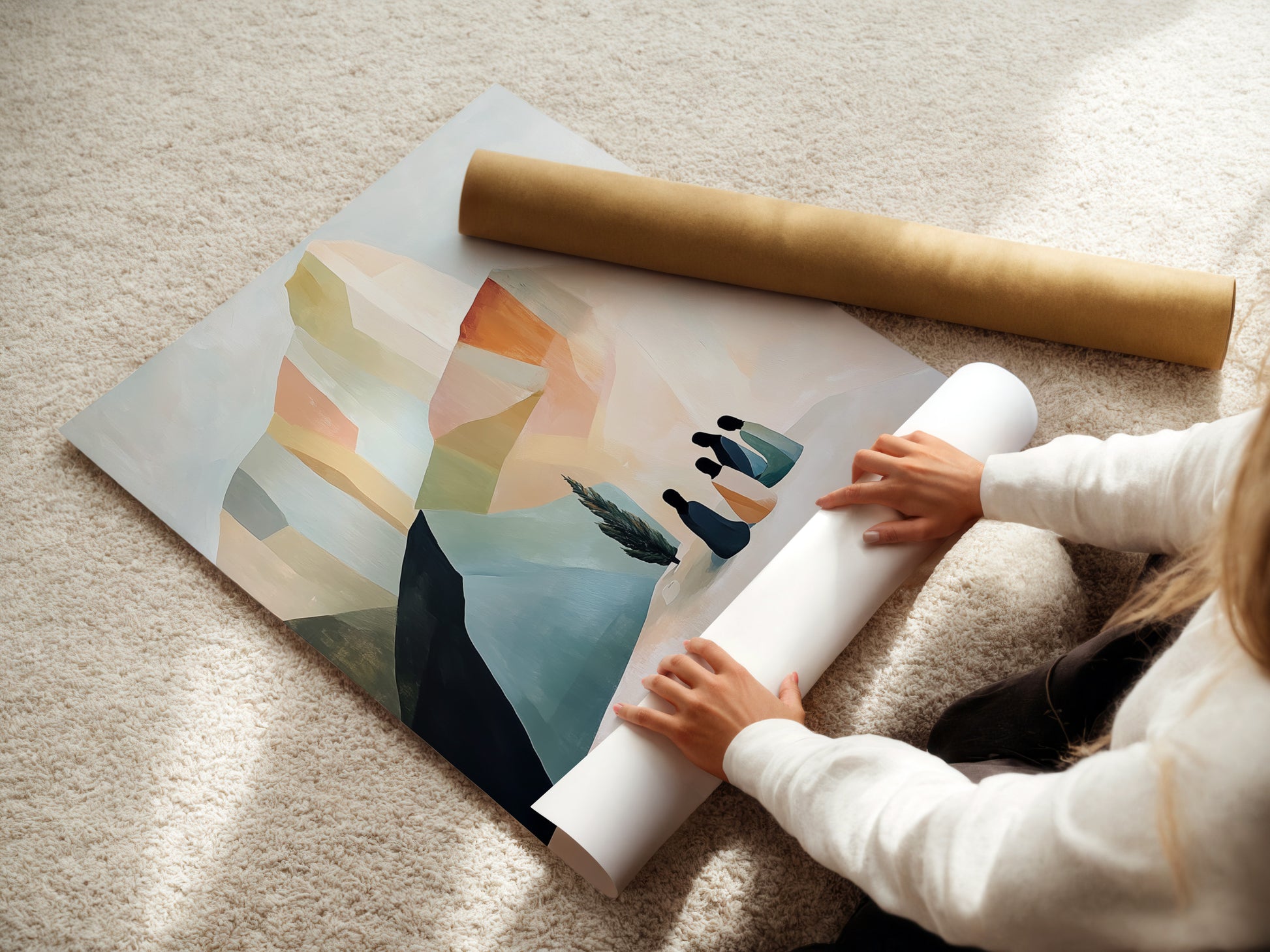 A woman is carefully rolling a fine art poster paper print. This showcases the care and attention to detail in preparing minimalist nature artwork. Perfect for modern home decor and styling.