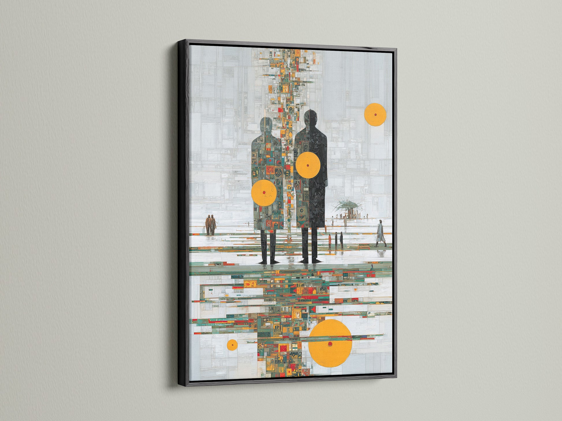 Black frame showcasing abstract human figures artwork. This modern canvas art features an orange circle. It is ideal for contemporary spaces. The reflection print adds a touch of sophistication. Elevate your living room art or office decor with this unique piece of abstract wall decor.
