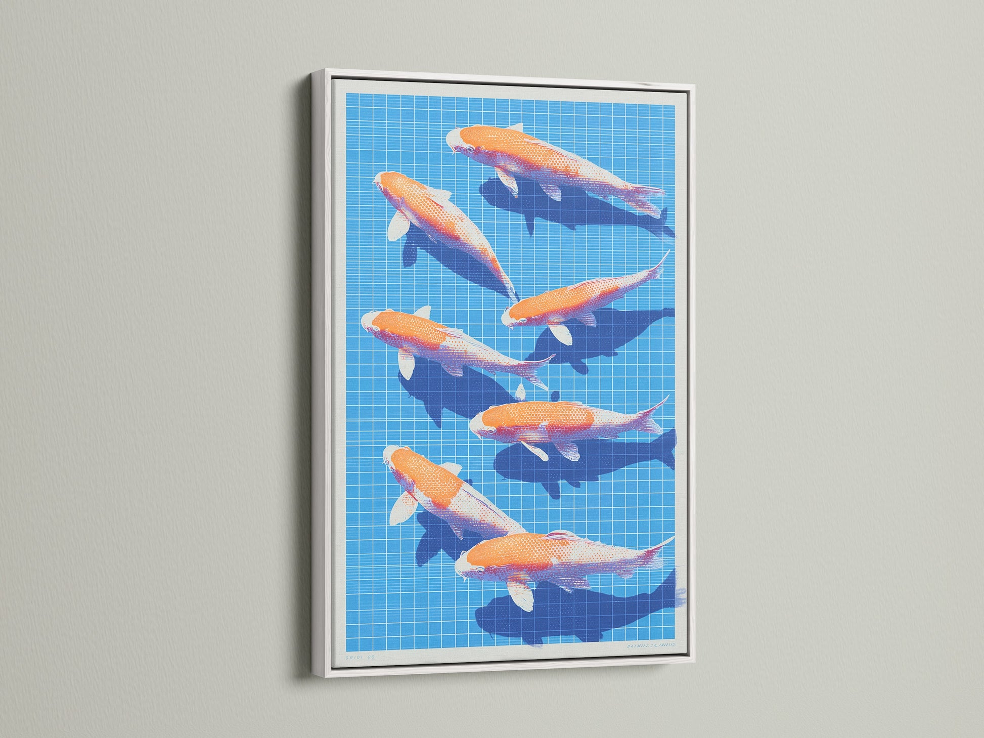 A white frame provides a clean modern look for the Koi Fish canvas artwork. The bright white enhances colors and provides a gallery-style aesthetic. This frame ensures the artwork remains the focal point. A versatile choice for any space.
