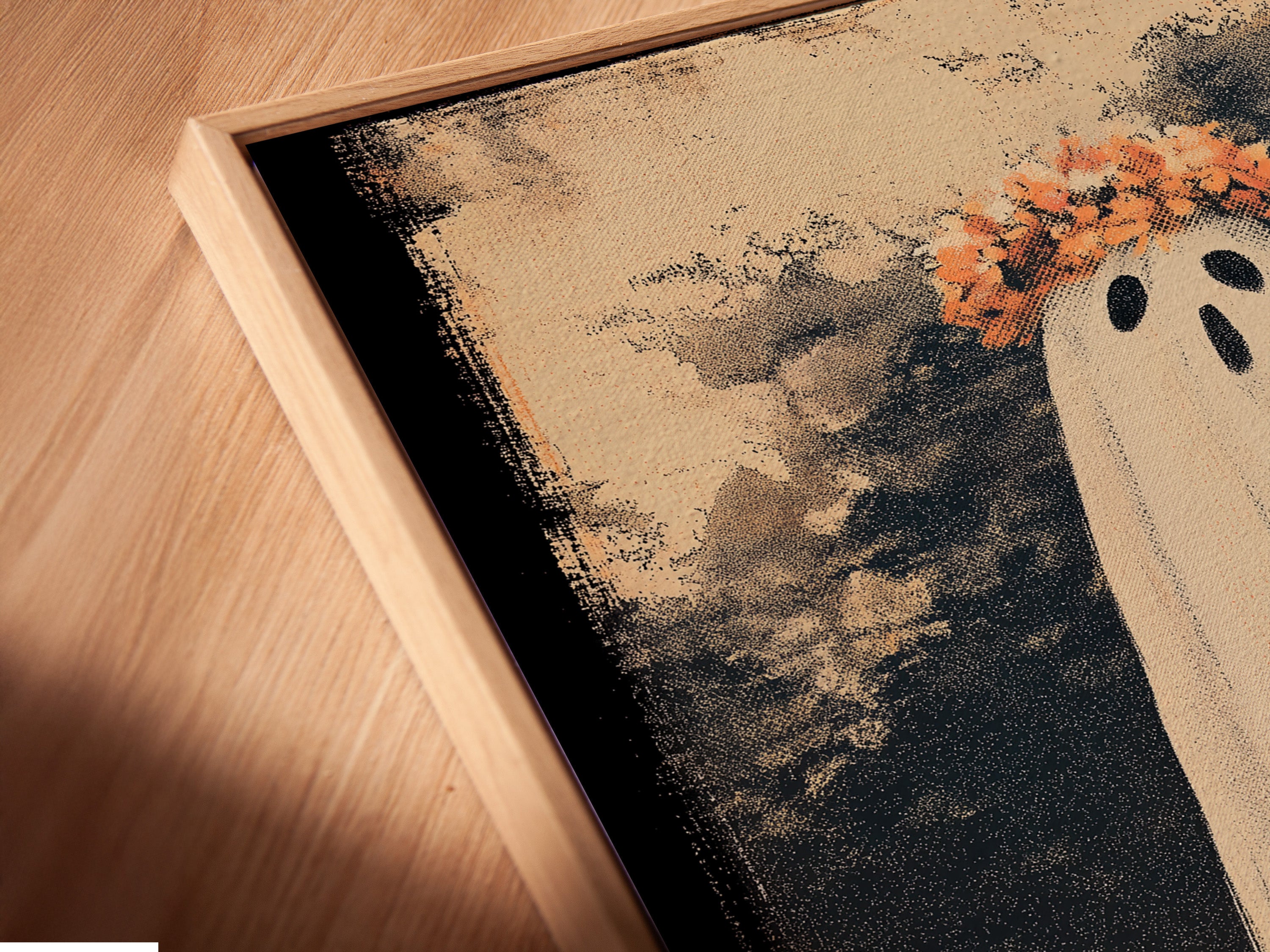 A close-up angled view shows a canvas print in a floating frame. The frame gives the artwork a modern and sophisticated look. The floating frame enhances the artwork's depth and visual appeal. Perfect for showcasing art in a gallery-style setting. The canvas print appears to float within the frame.