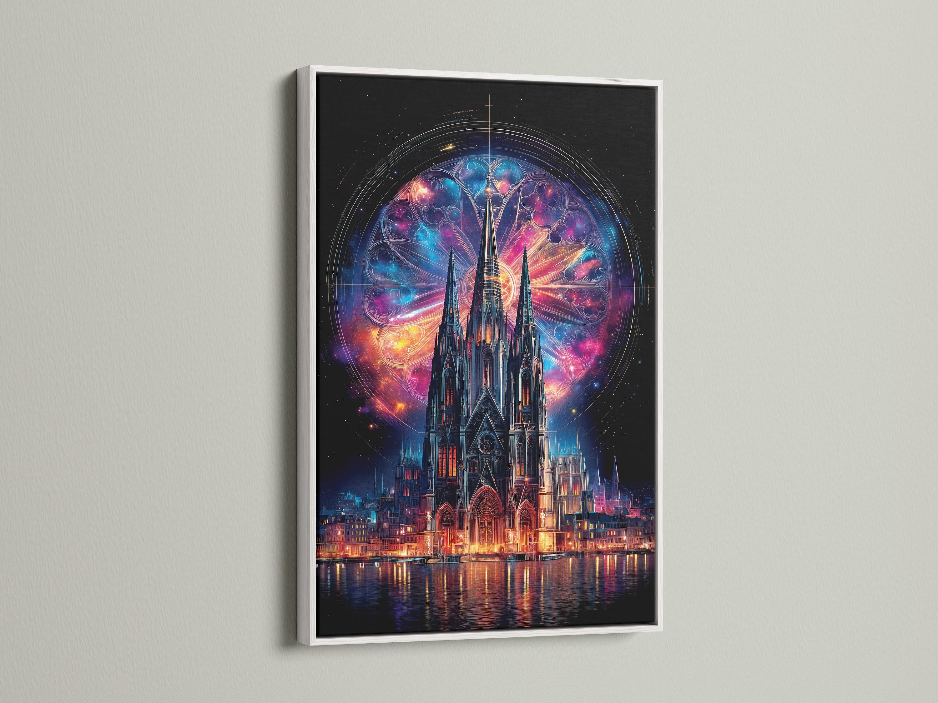 Gothic Cathedral art. The print features stained glass art and mystical architecture. A white frame enhances this cathedral artwork. Gothic wall decor for living room bedroom or office.