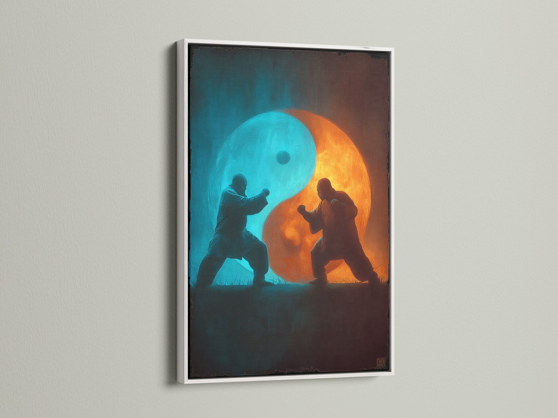 Artwork featuring a yin and yang symbol with two figures practicing martial arts. The art is displayed in a white frame. A clean and modern look to showcase your piece. Discover white frame styles now.