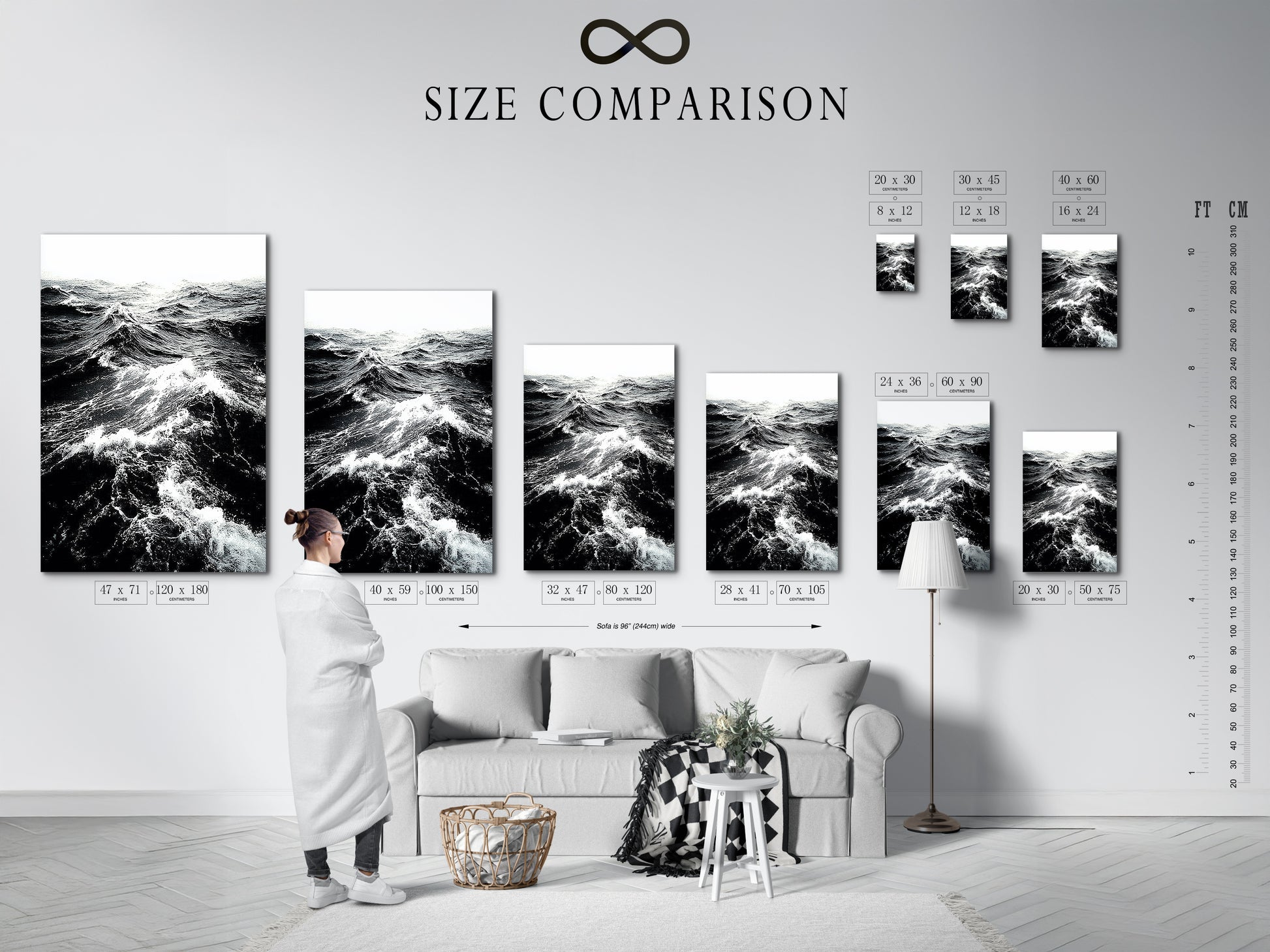 Size comparison chart in an interior setting. This chart helps you visualize the perfect size for your space. Choose the ideal dimensions for your ocean wave art. Find the perfect fit for your walls today.