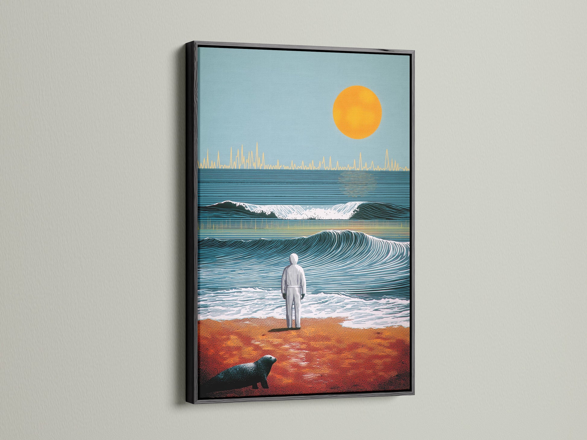 The ocean sunset artwork is framed in black. The contrast highlights the surreal wave illustration. This vintage surf art makes a bold statement. It's an excellent choice for adding dramatic flair to your wall decor