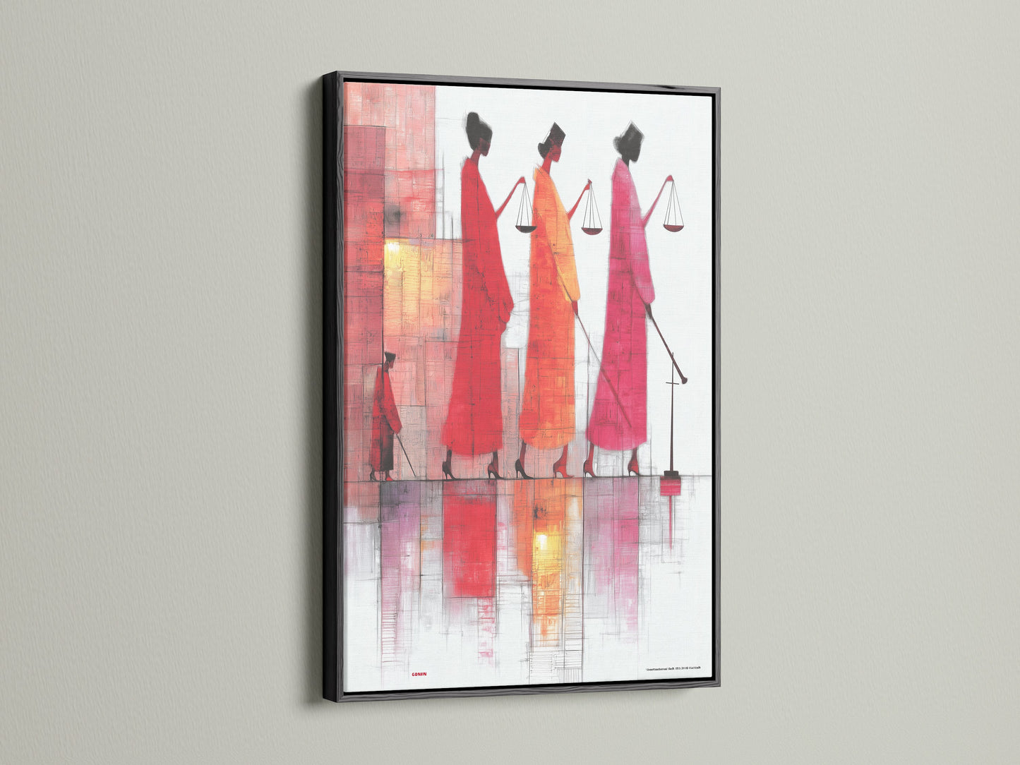 Justice Scales artwork displayed in a black frame. The art features figures in a palette of red hues. They are carrying scales representing the balance of law. Add a touch of sophistication to your office wall decor.