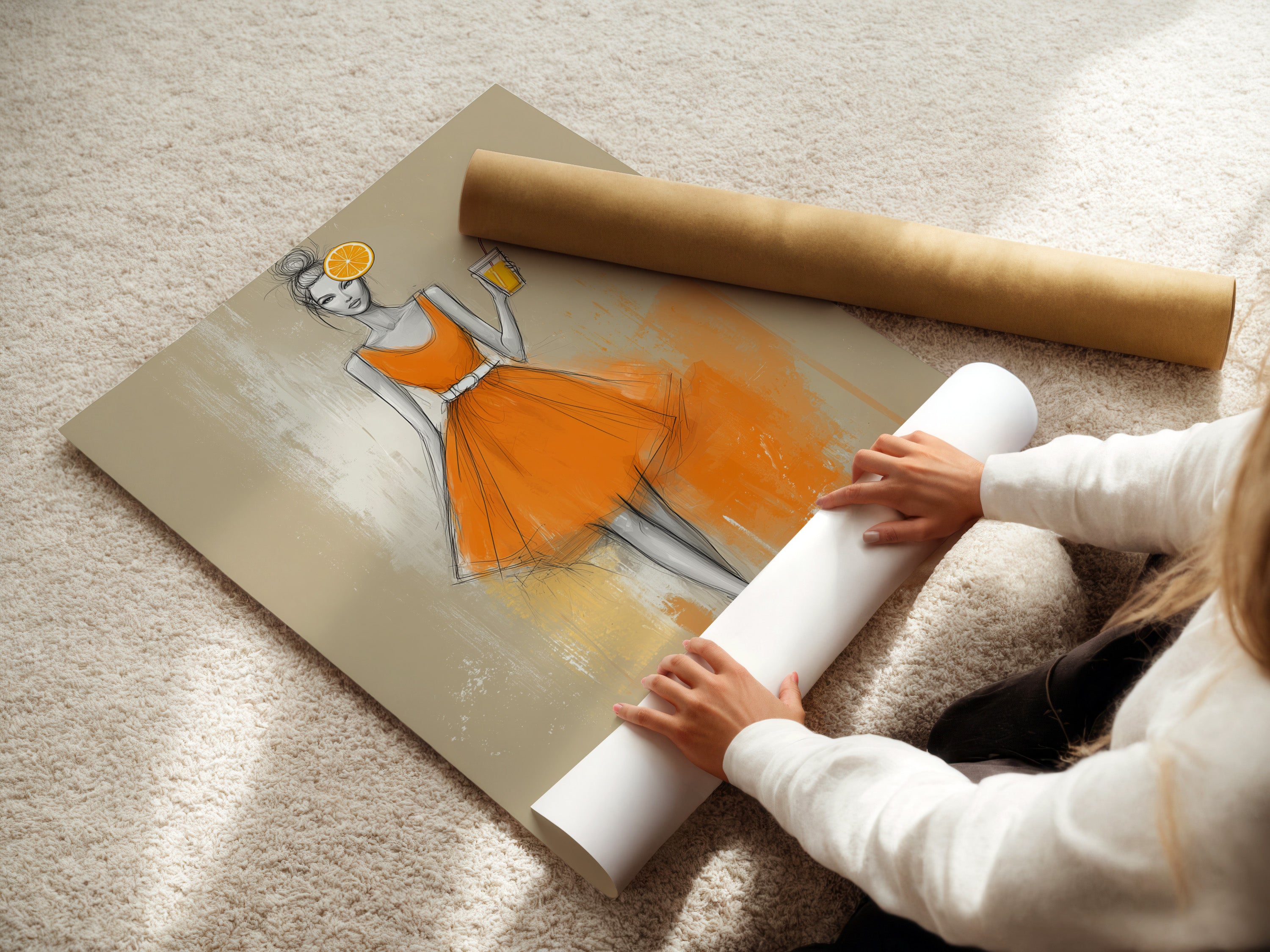 A woman carefully rolling a fine art poster paper. Our fine art posters are perfect for adding a touch of elegance to your space. High-quality materials ensure your artwork looks stunning and lasts for years.