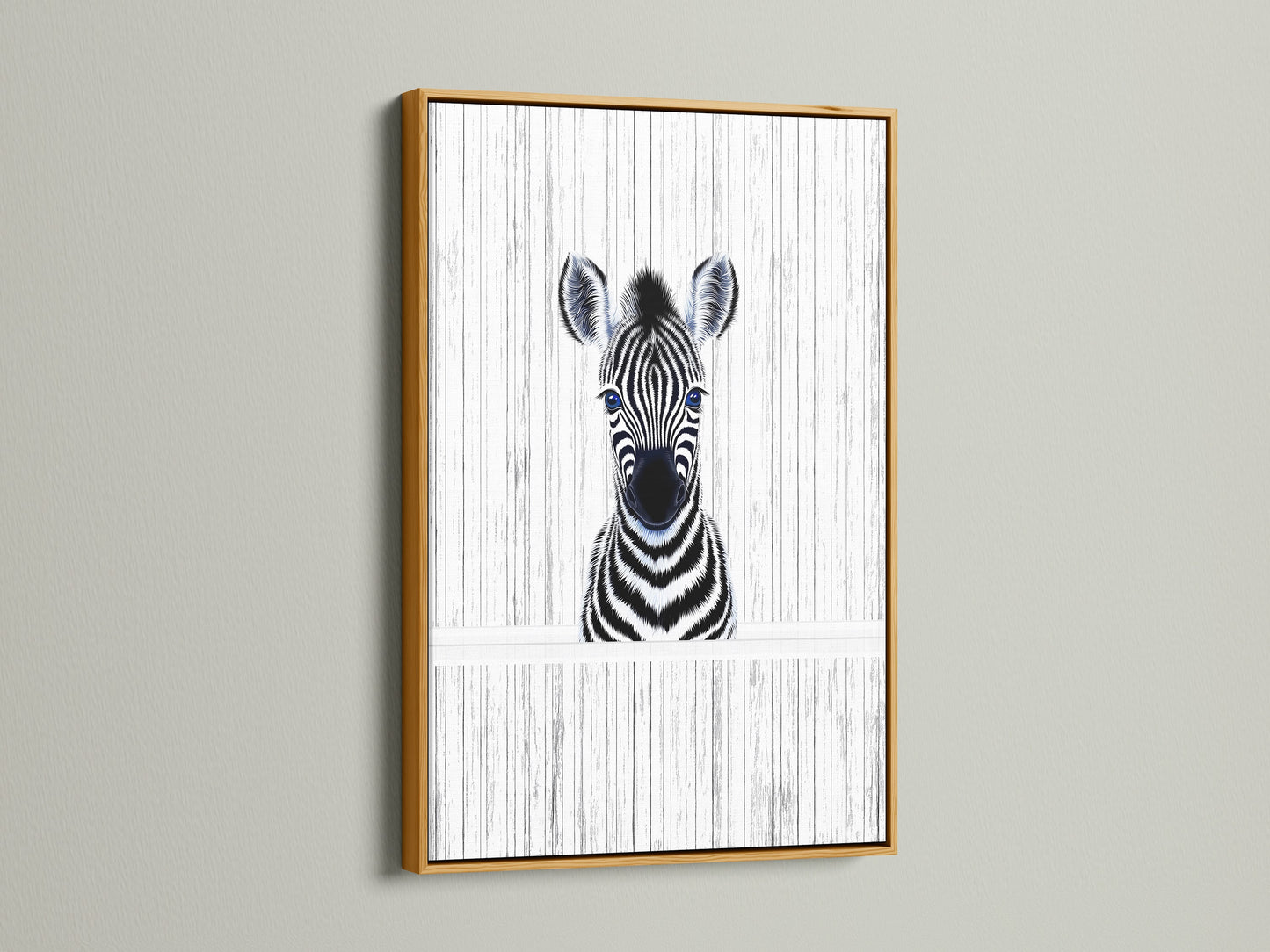 A stunning Baby Zebra artwork presented in a gold frame. This elegant animal print is perfect for kids room decor. The gold frame adds a touch of sophistication to the zebra poster. A beautiful piece for a safari nursery.