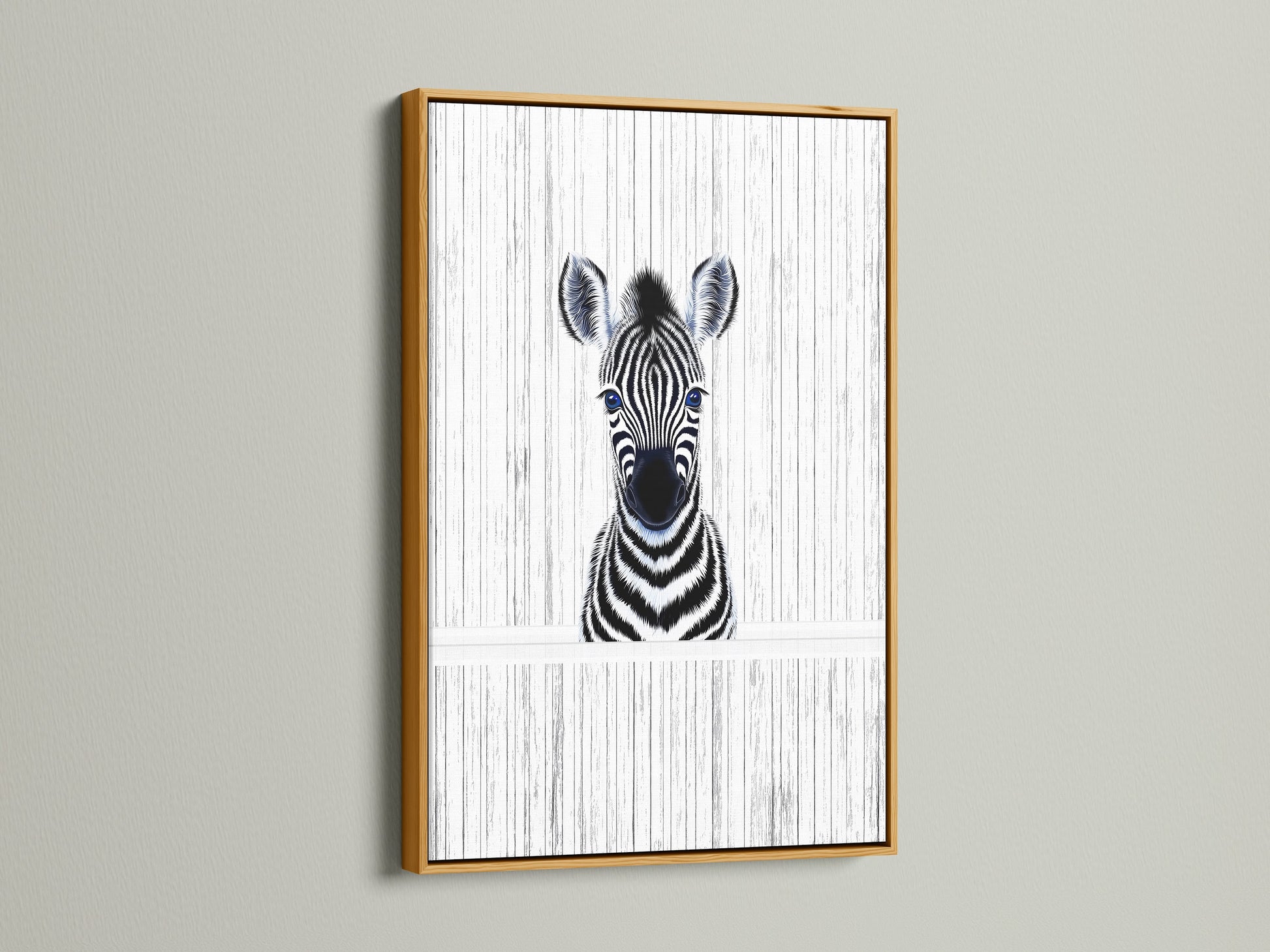 A stunning Baby Zebra artwork presented in a gold frame. This elegant animal print is perfect for kids room decor. The gold frame adds a touch of sophistication to the zebra poster. A beautiful piece for a safari nursery.