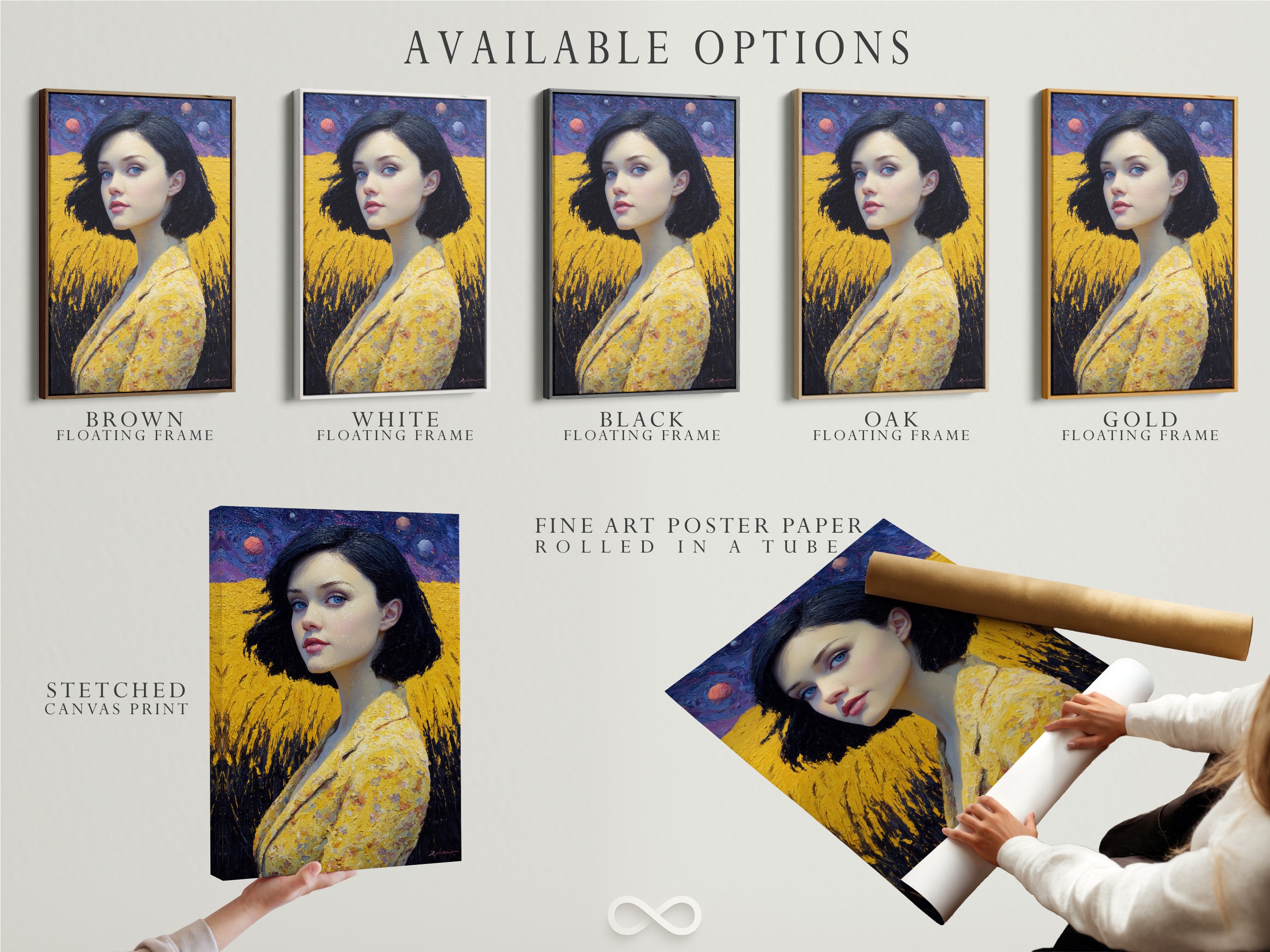 Available options showcased include a stretched canvas print fine art poster paper and floating frame featuring angel wings portrait art. The golden yellow contemporary wall art and modern female figure create a unique look. Perfect for bedroom decor or living room art. This piece is ideal for celestial decor.