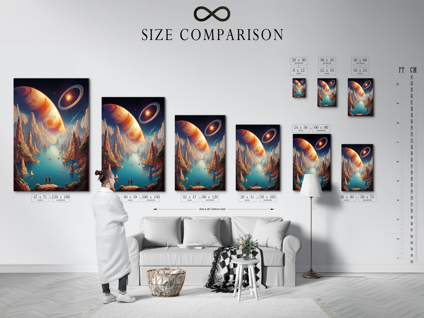 A size comparison chart is displayed in an interior setting. The chart showcases various sizes of the cosmic landscape artwork. It helps visualize the perfect fit for different wall spaces and decor needs.